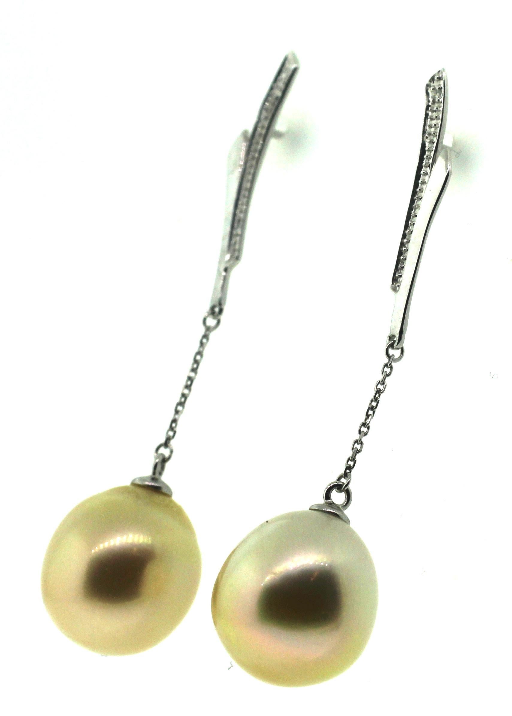 Modern Hakimoto 13-14 mm South Sea Drop Cultured Pearl 18k Diamond Earrings For Sale