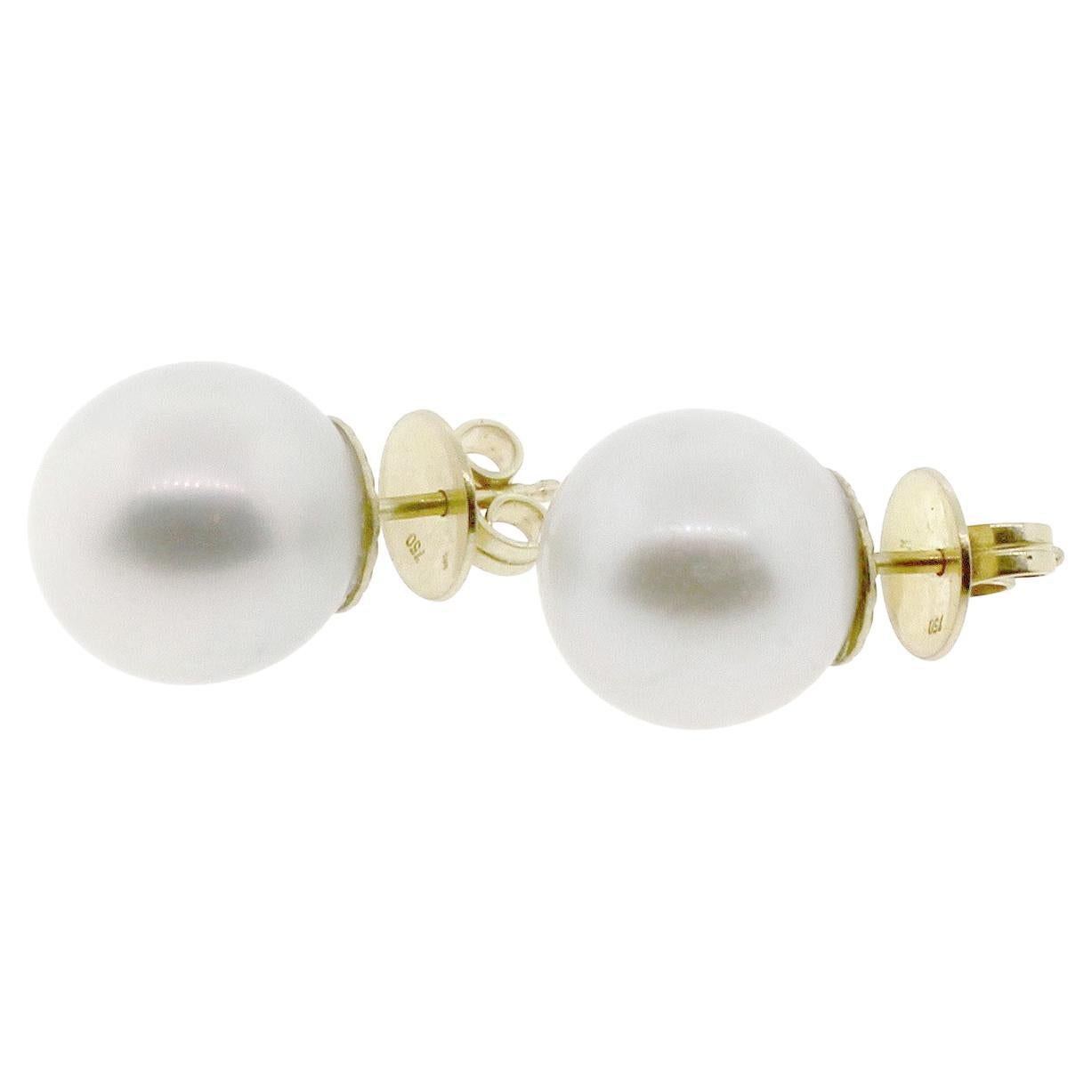 Hakimoto Pendientes de perla blanca del mar del sur de 13 mm y 18 quilates