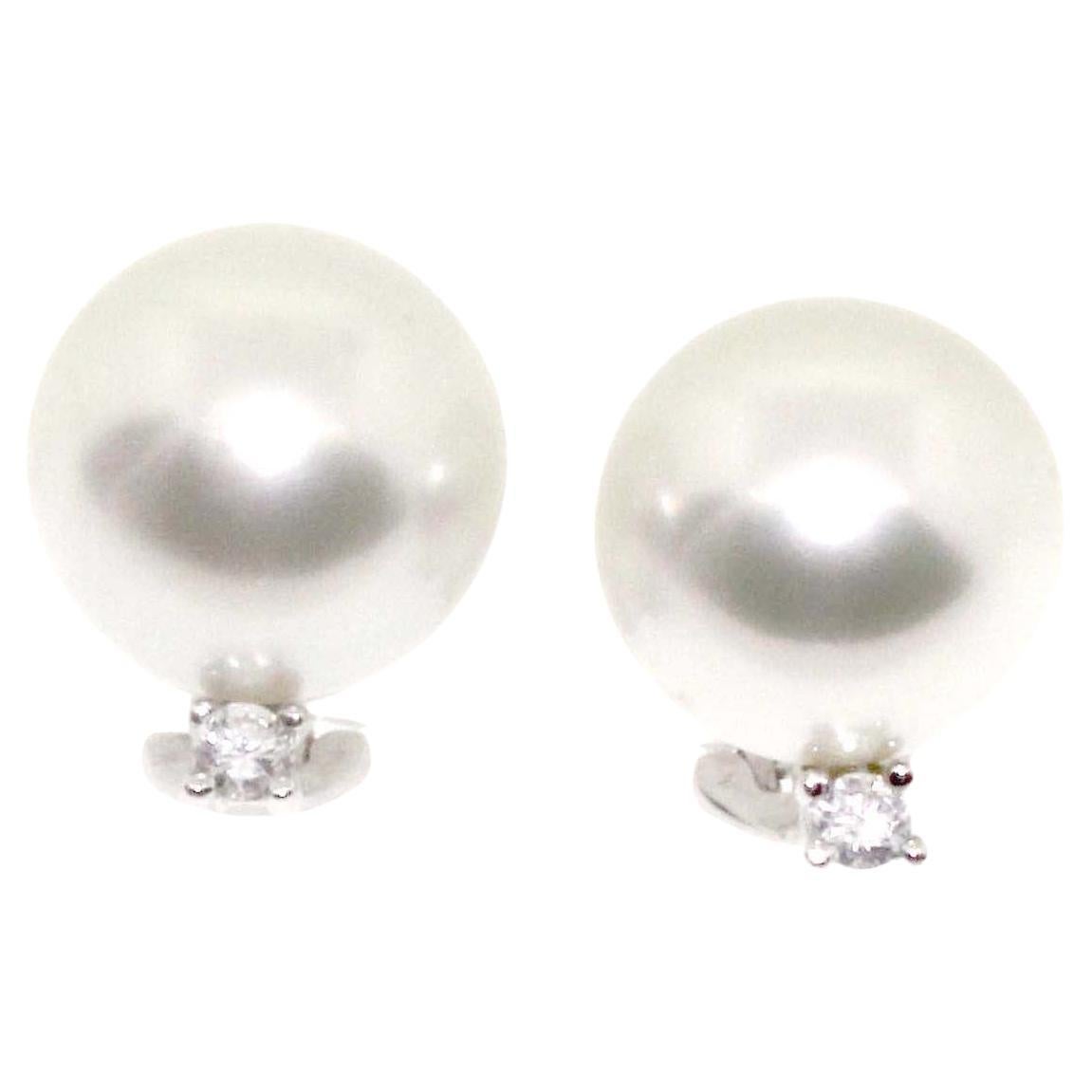 Contemporary Hakimoto 13 mm White South Sea Pearl 18K Diamond White Gold Earrings For Sale
