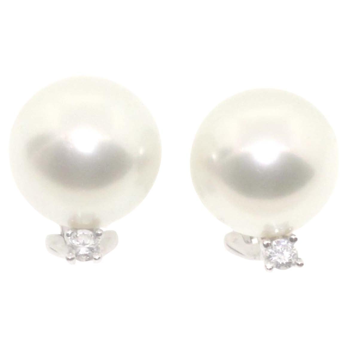 Bead Hakimoto 13 mm White South Sea Pearl 18K Diamond White Gold Earrings For Sale