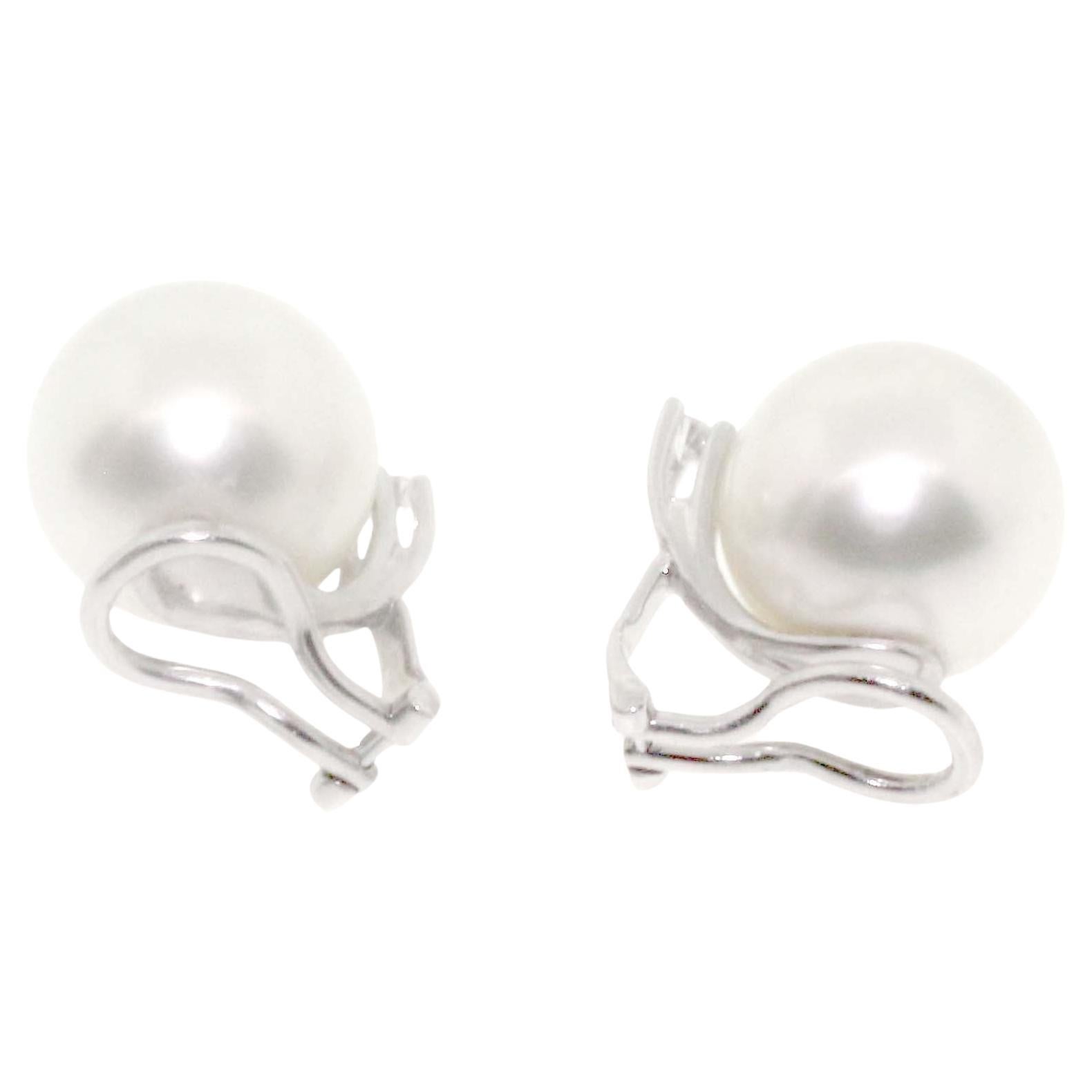 Women's Hakimoto 13 mm White South Sea Pearl 18K Diamond White Gold Earrings For Sale