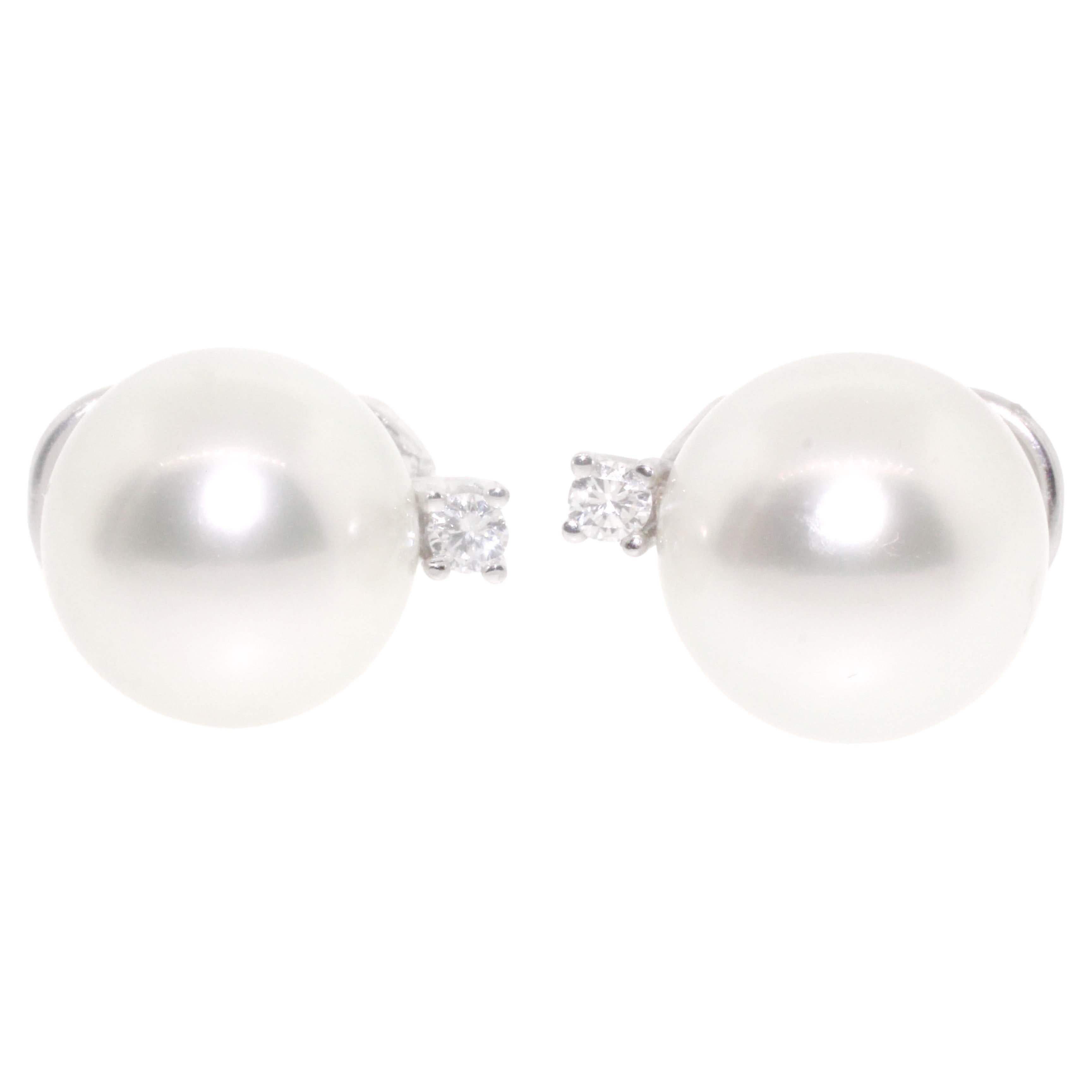 Hakimoto 13 mm White South Sea Pearl 18K Diamond White Gold Earrings For Sale 1