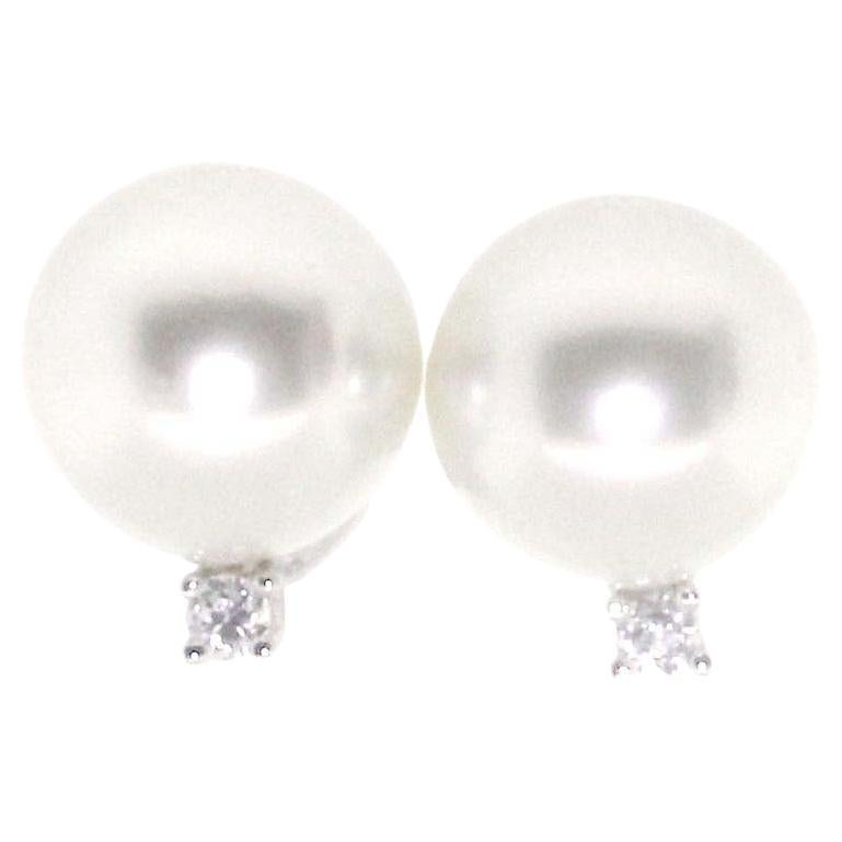 Hakimoto 13 mm White South Sea Pearl 18K Diamond White Gold Earrings For Sale