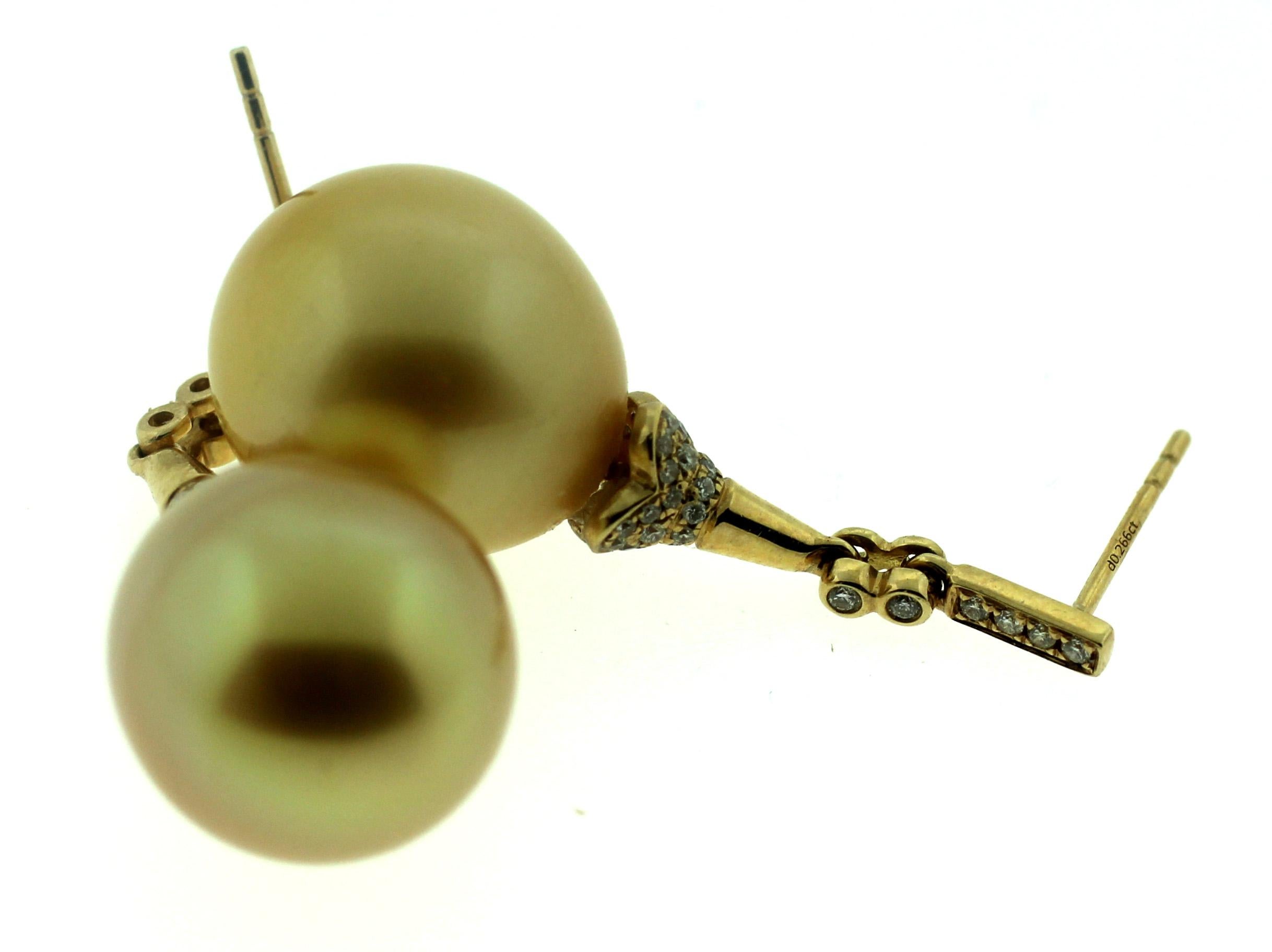 Hakimoto 14-13 mm Golden Drop pearl 18k Diamonds Earrings For Sale 1