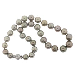 Hakimoto 14x11 mm 18K Full Diamonds Tahitian South Sea Pearl Necklace