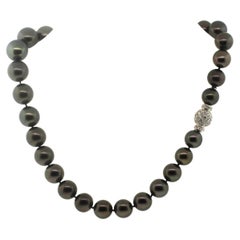 Hakimoto 14x11 mm 31 Black Tahitian South Sea Pearl Necklace, 18K Diamond Clasp