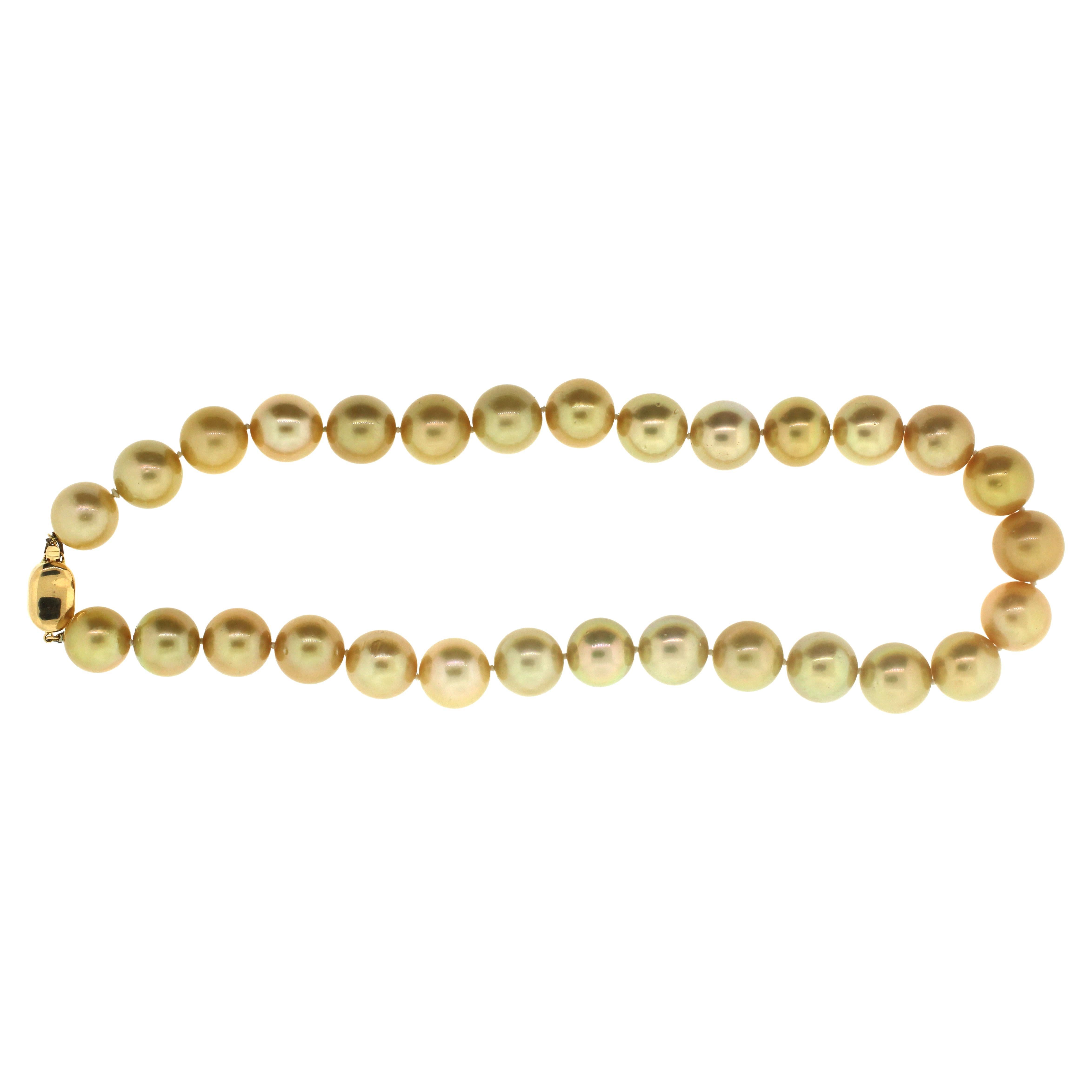 Hakimoto By Jewel Of Ocean 18K South Sea Strand Necklace
18K Yellow Gold  
Weight (g): 104
Cultured Natural Golden South Sea Pearl 
Pearl Size: 13X14mm 
Pearl Shape: Round 
Body color: Deep Golden
Orient: Very Good
Luster: Very Good 
Surface:  Clean