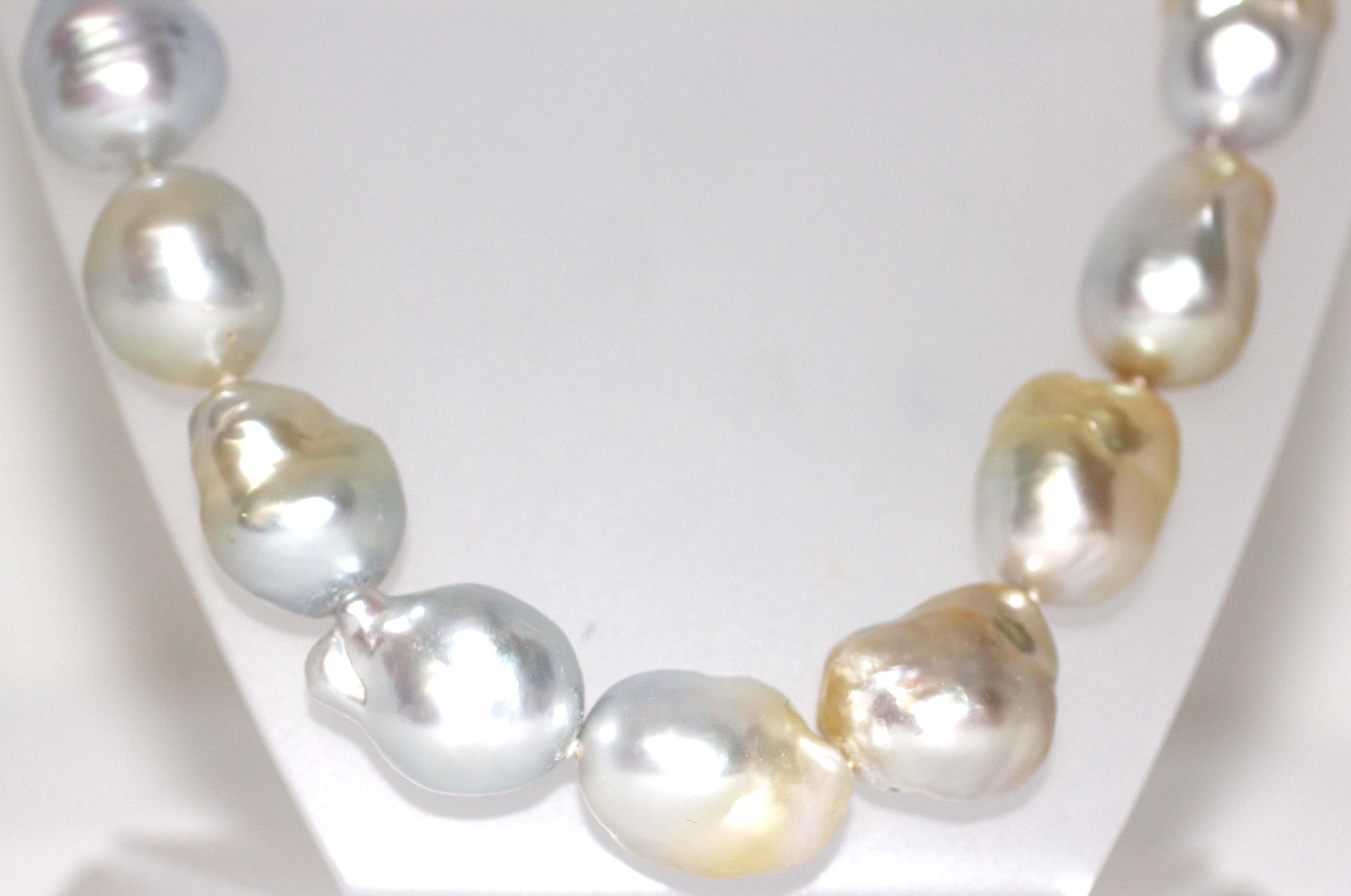 Contemporary Hakimoto 18x14 mm South Sea Baroque Pearl & Diamond Necklace 18K White Gold For Sale