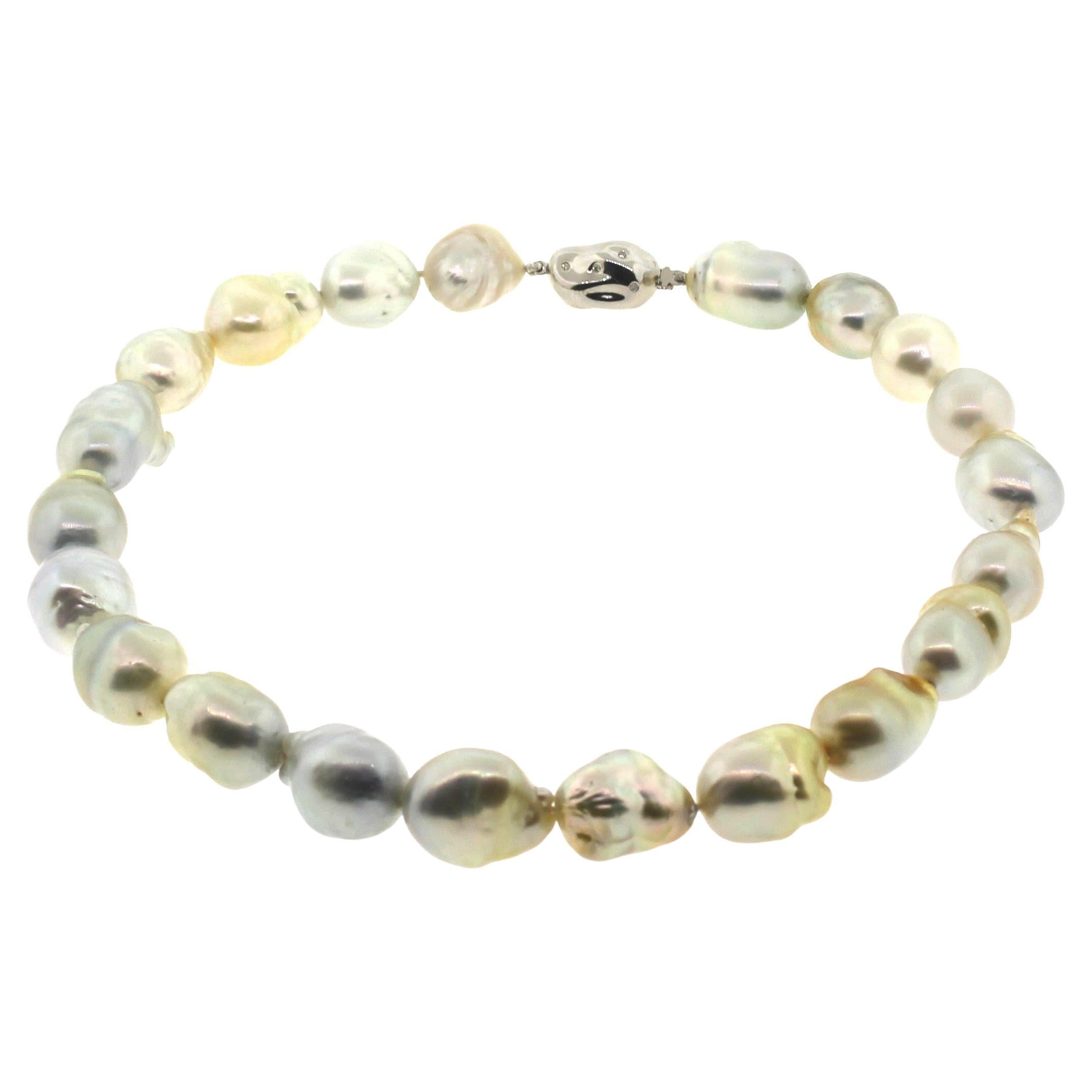 Hakimoto 18x14 mm South Sea Baroque Pearl & Diamond Necklace 18K White Gold For Sale