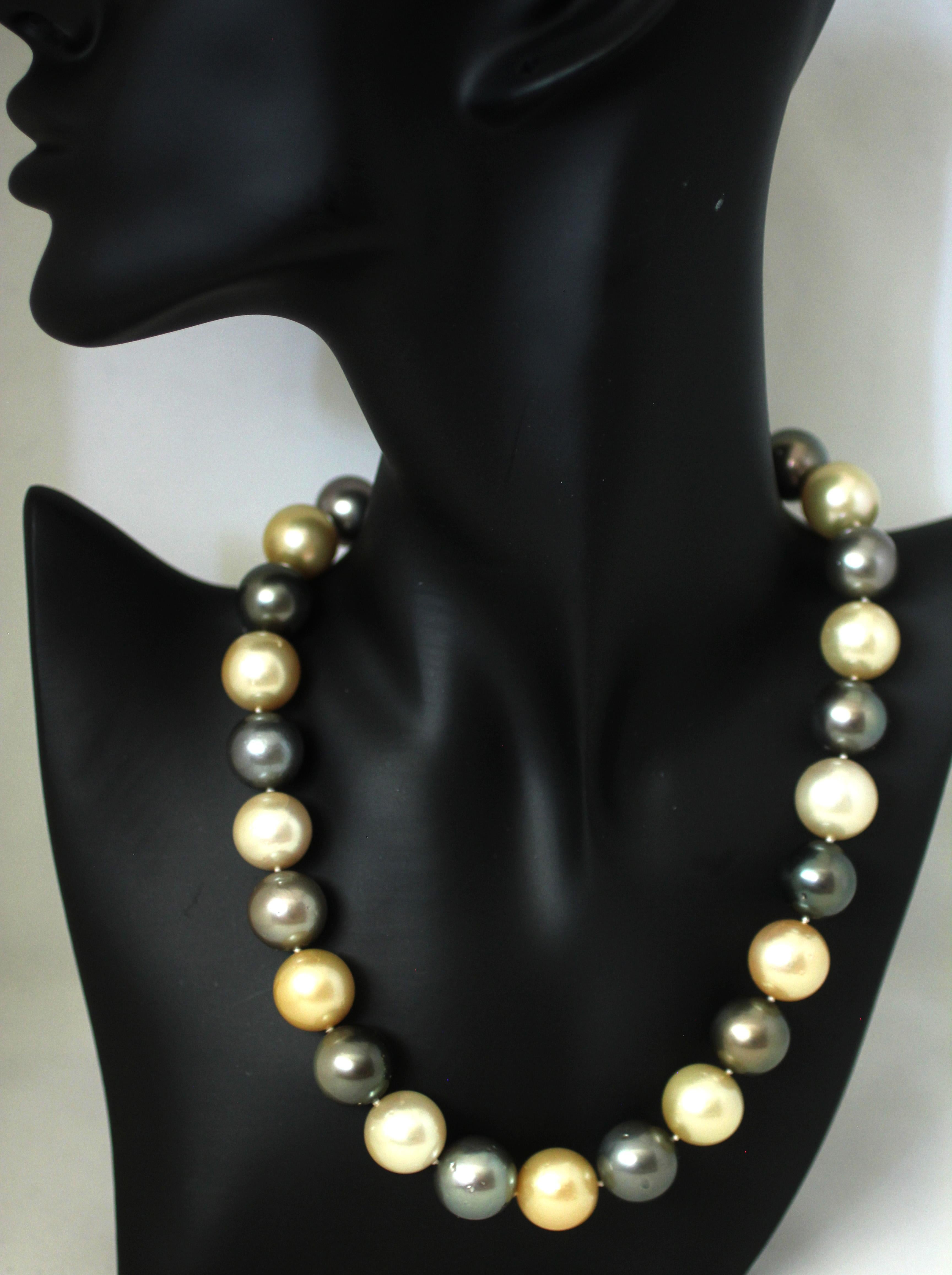 Bead Hakimoto 15.5x14 mm Golden & Tahitian South Sea Pearl Necklace 18K Diamond Clasp For Sale