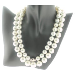 Hakimoto 15x11 mm 37 inches Double Strands South Sea Pearl 18K Diamond Necklace