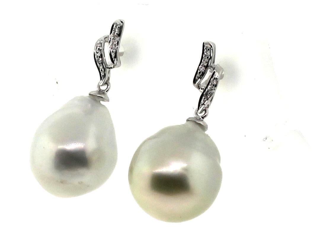Modern Hakimoto White South Sea Baroque Pearl 18K Diamond White Gold Earrings