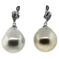 Hakimoto White South Sea Baroque Pearl 18K Diamond White Gold Earrings