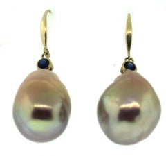 Hakimoto 17x13 mm Natural Color Baroque pearl 18k Saphhire Earrings