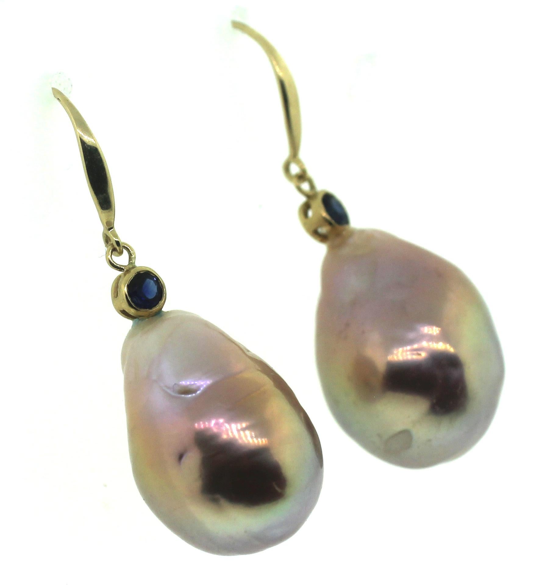 Modern Hakimoto 17x13 mm Natural Color Baroque pearl 18k Saphhire Earrings For Sale