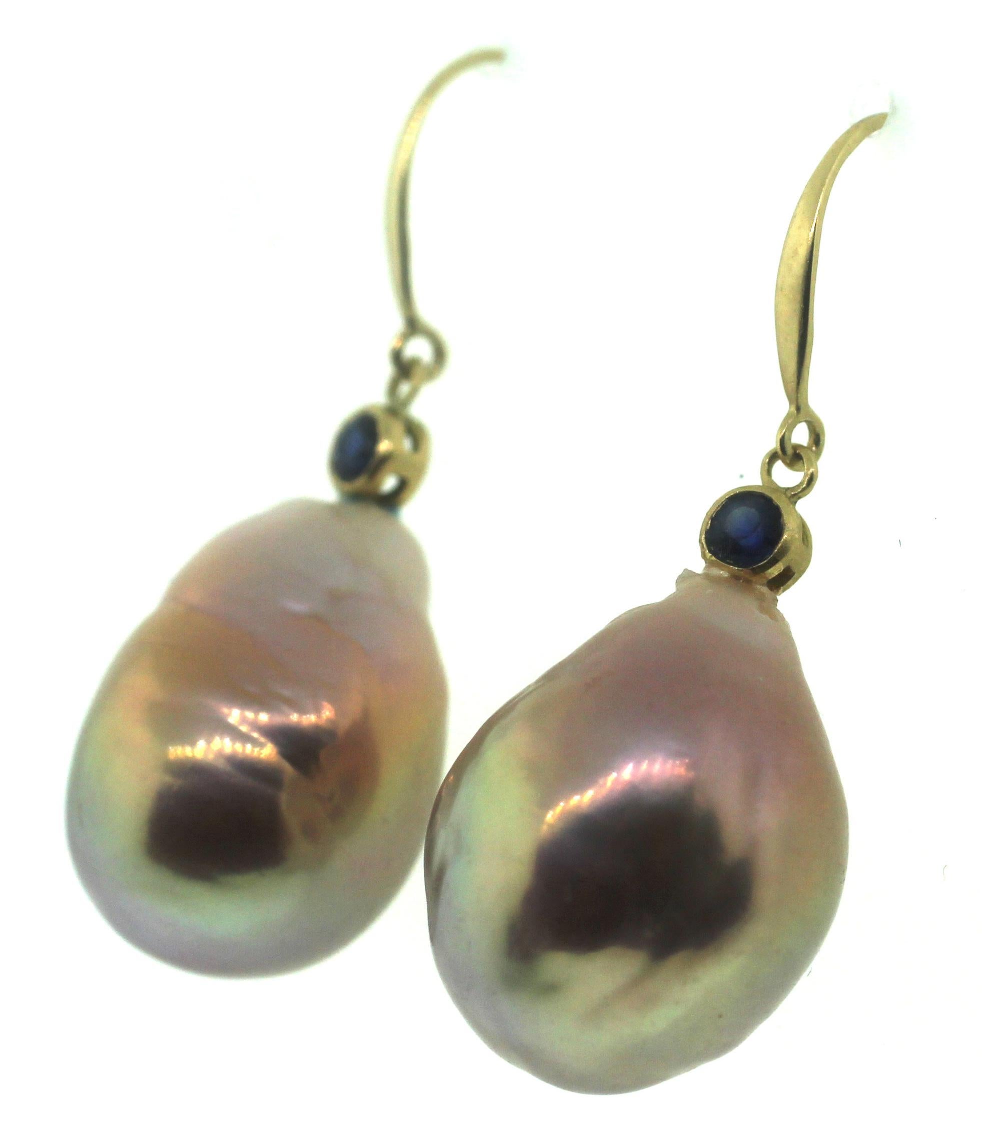 Bead Hakimoto 17x13 mm Natural Color Baroque pearl 18k Saphhire Earrings For Sale