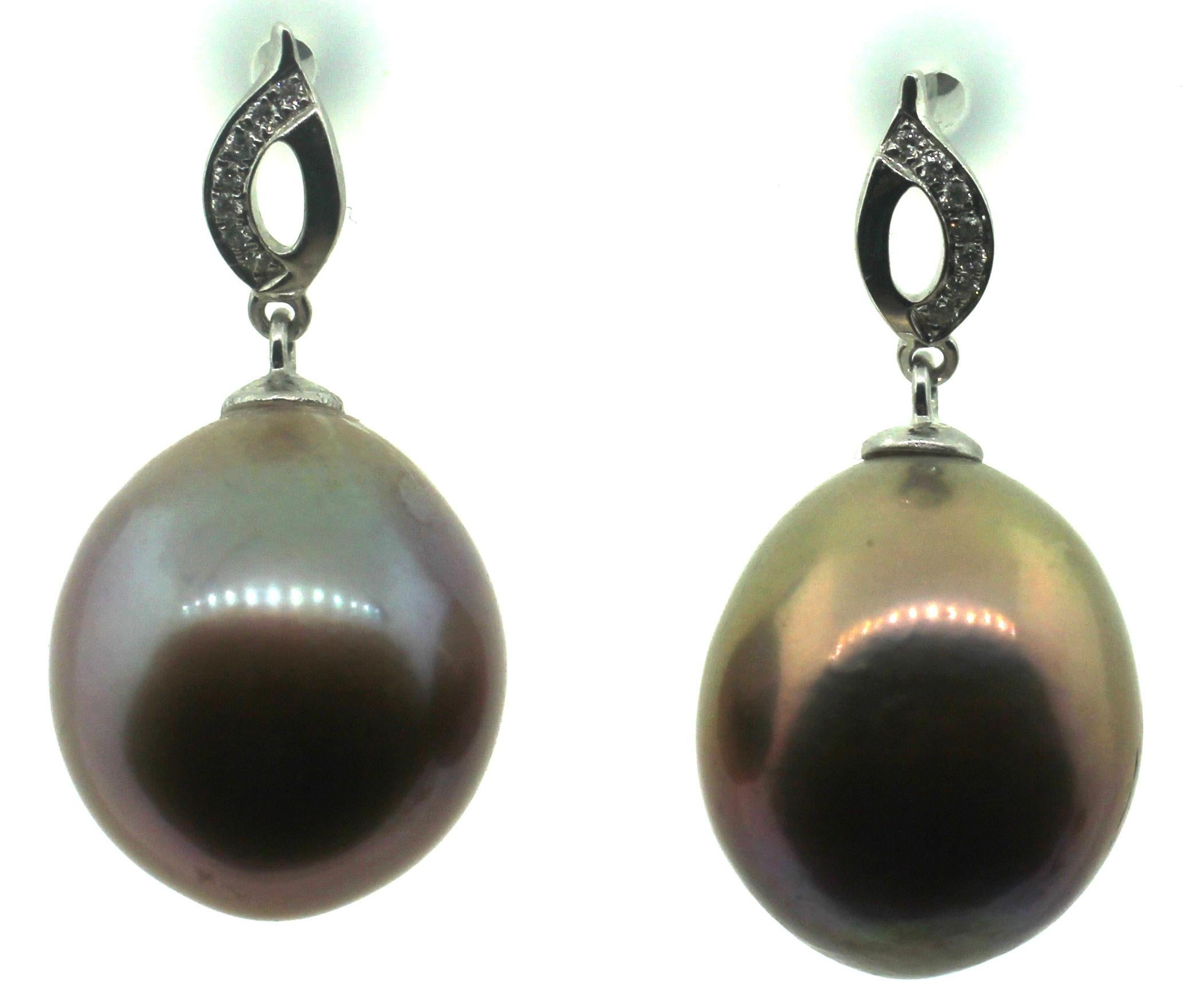 Modern Hakimoto 18K 12-14mm Natural Color Cultured Drop Pearl Diamonds Earrings