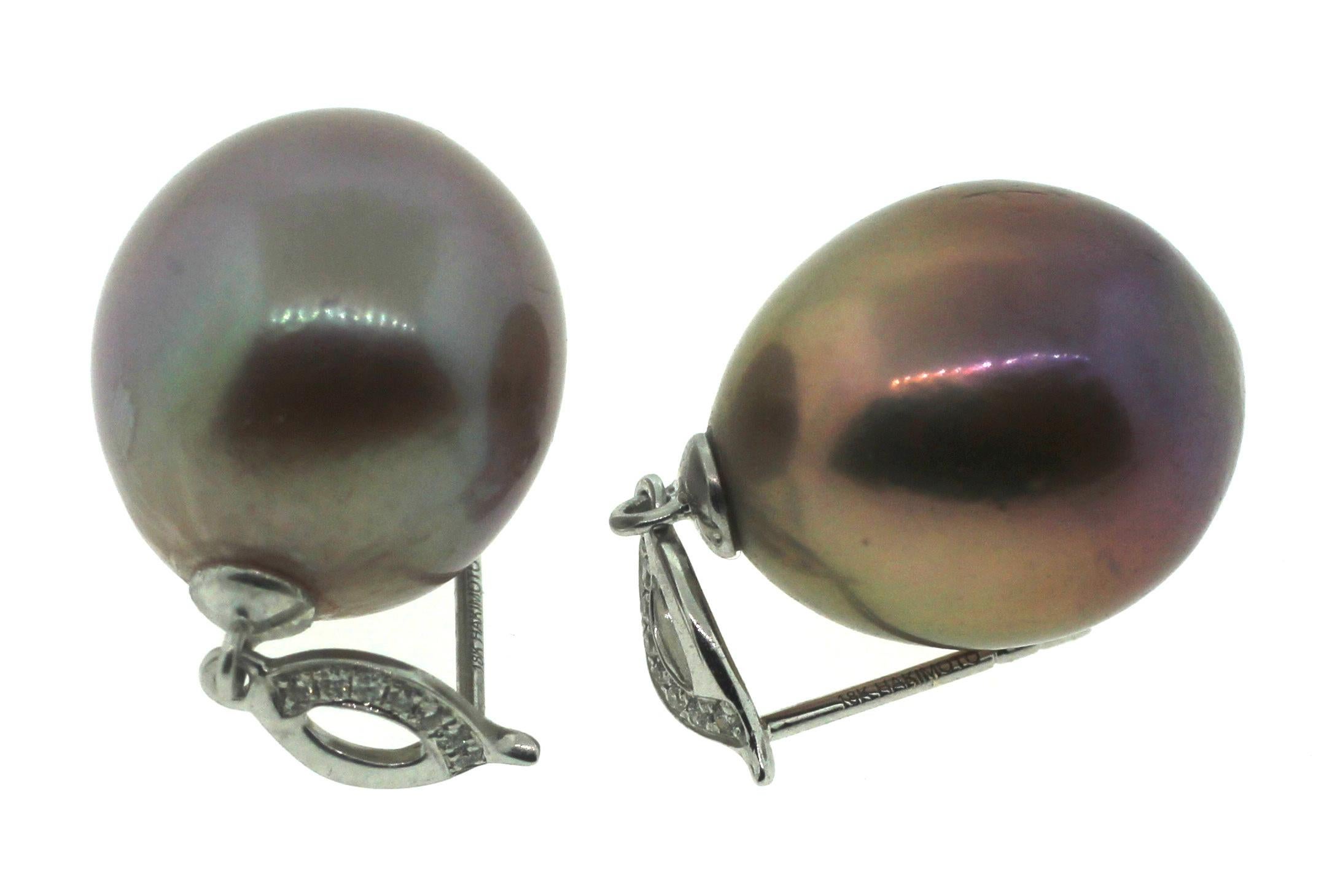 Women's Hakimoto 18K 12-14mm Natural Color Cultured Drop Pearl Diamonds Earrings For Sale