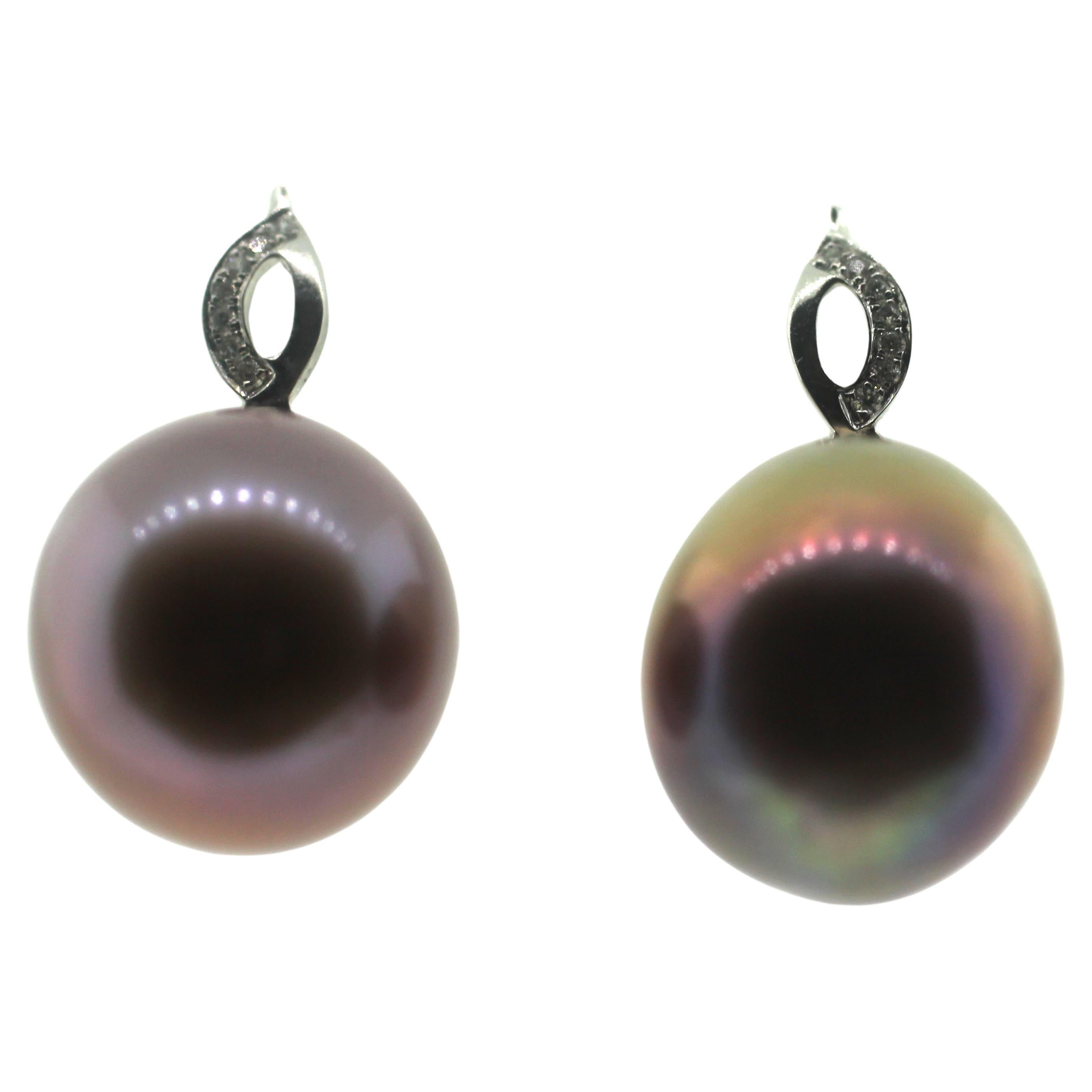 Hakimoto 18K 12-14mm Natural Color Cultured Drop Pearl Diamonds Earrings For Sale