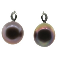 Hakimoto 18K 12-14mm Natural Color Cultured Drop Pearl Diamonds Earrings