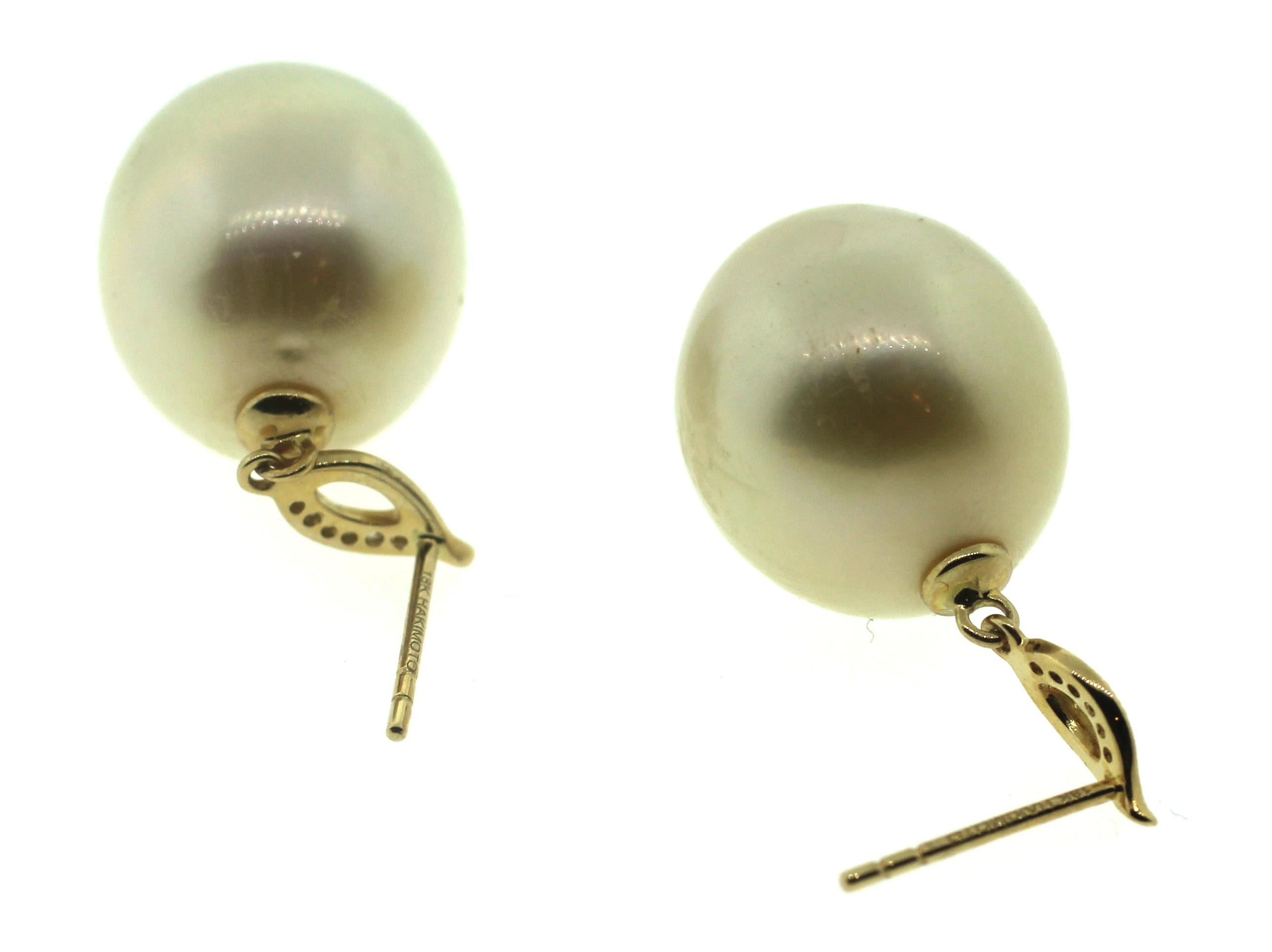 Hakimoto 18K 15-13mm Couleur Naturelle Pendants d'Oreilles Perles des Mers du Sud Diamants Neuf - En vente à Hicksville, NY