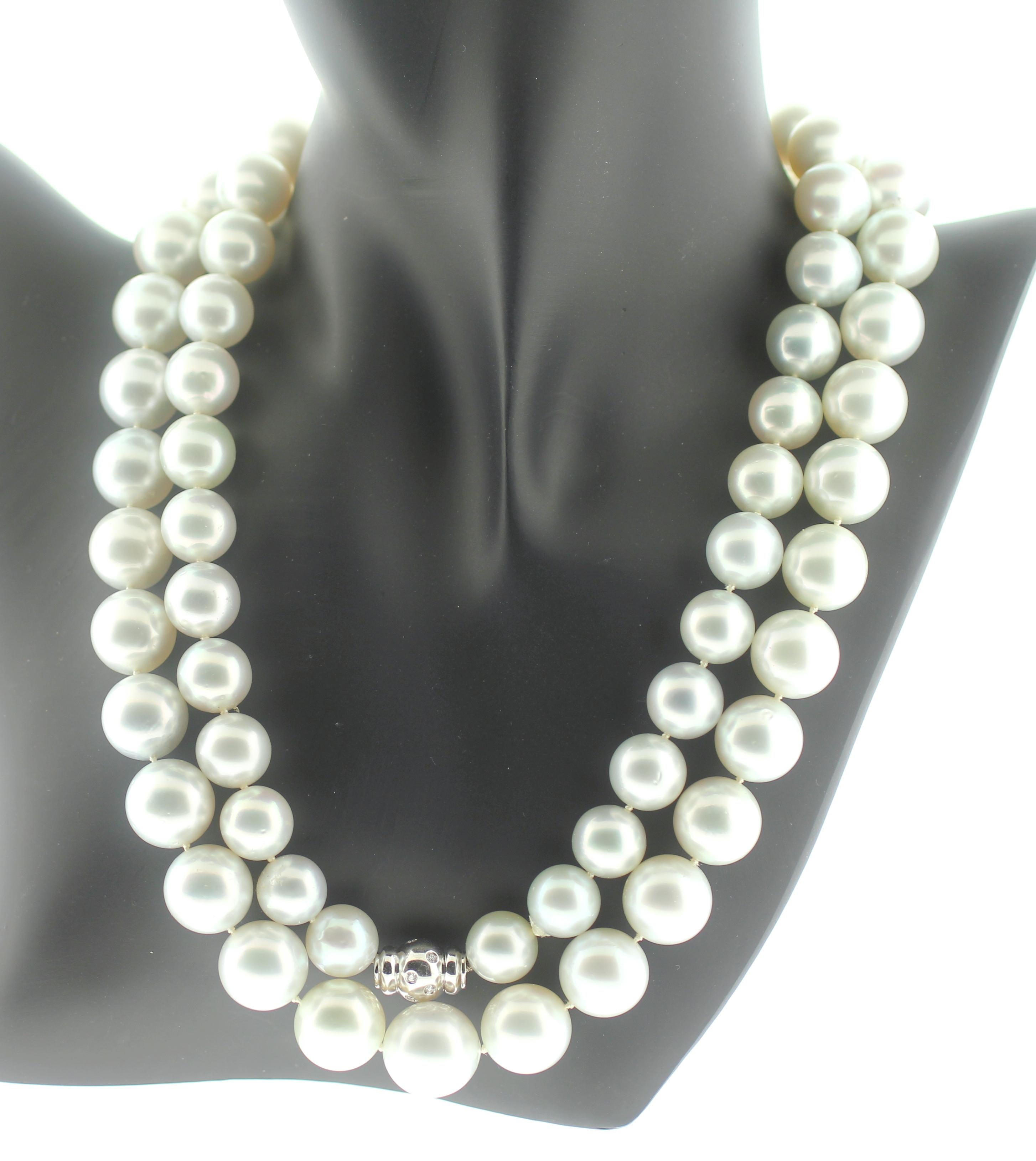 Women's or Men's Hakimoto 15x11 mm 37 inches Double Strands South Sea Pearl 18K Diamond Necklace  For Sale
