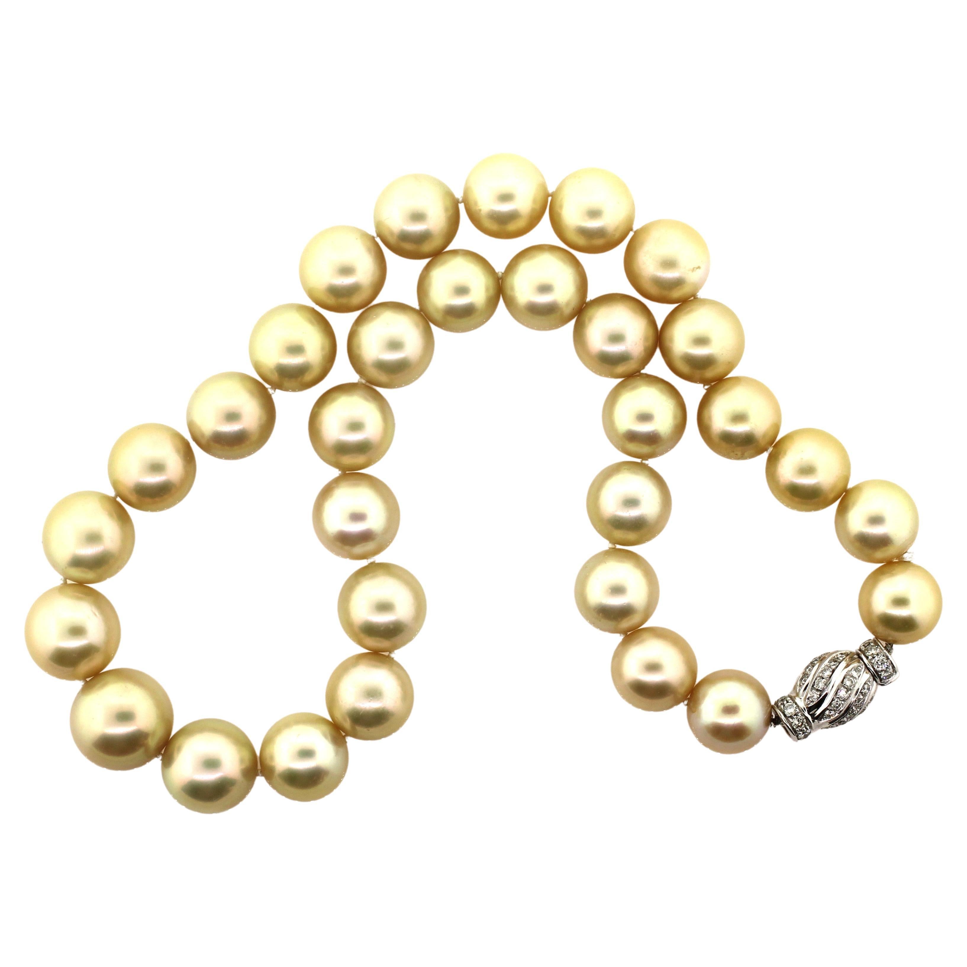 Women's Hakimoto 14.5x12 mm Deep Natural Golden South Sea Necklace 18K Diamond Clasp For Sale