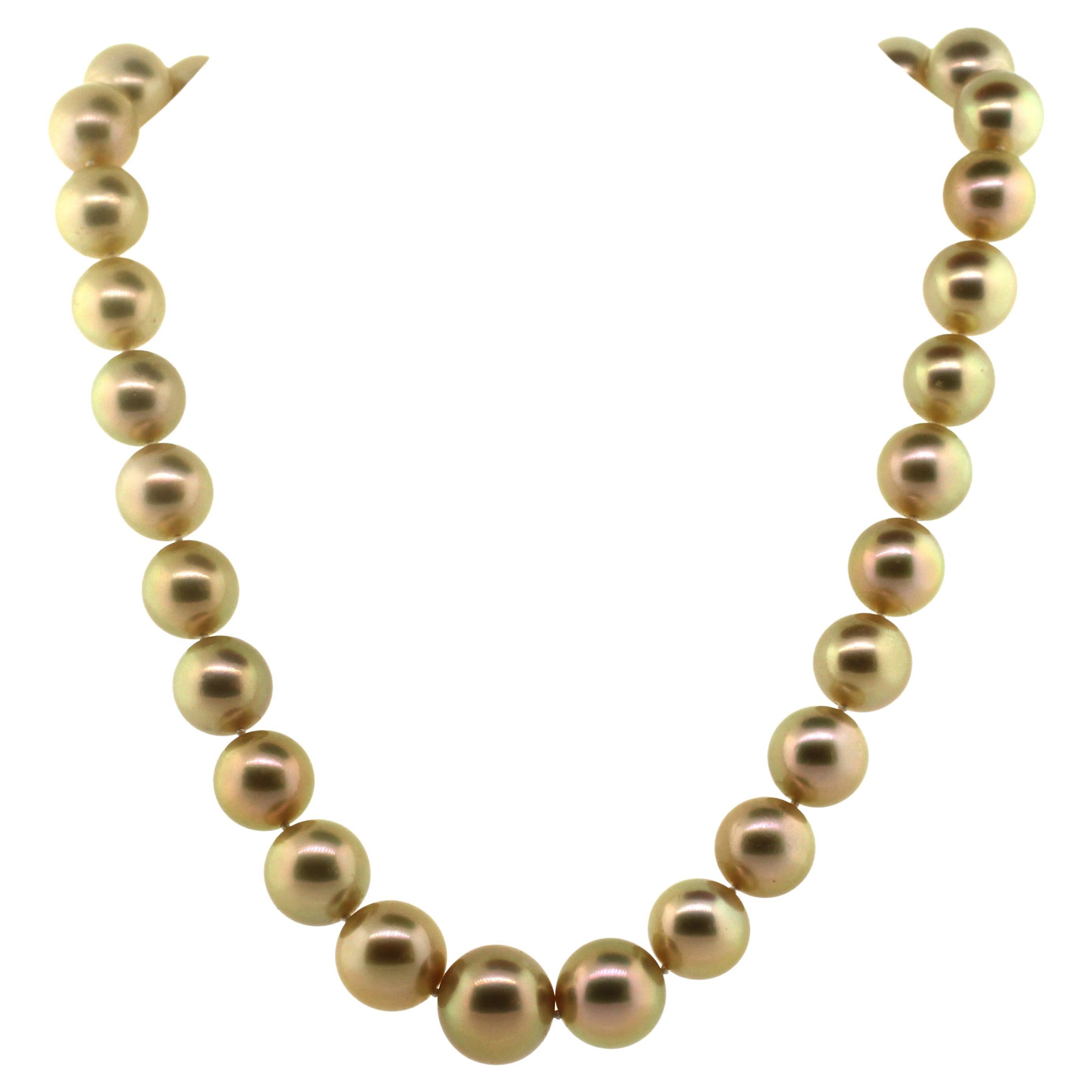 Modern Hakimoto 14.5x12 mm Deep Natural Golden South Sea Necklace 18K Diamond Clasp For Sale