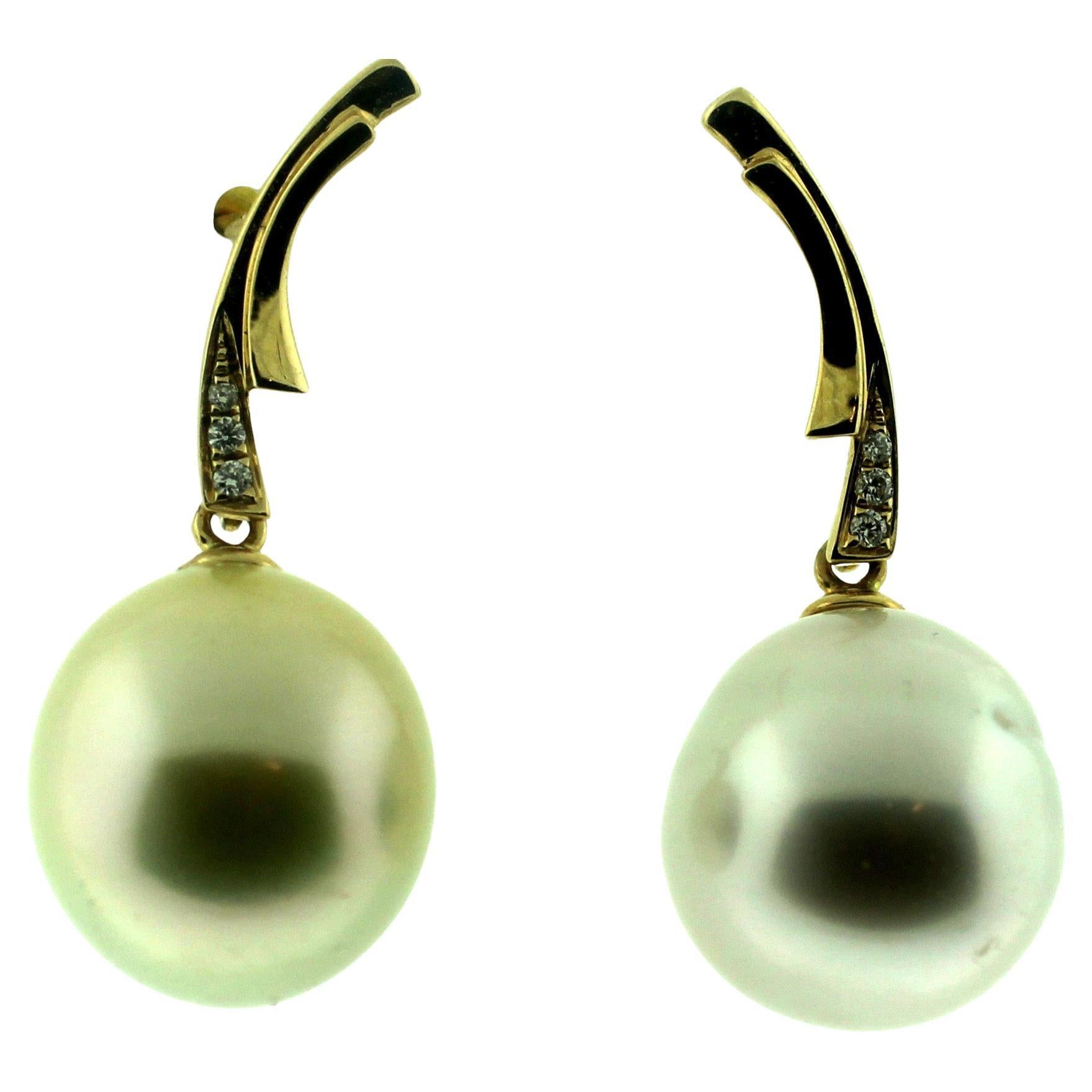 Women's Hakimoto 18K Diamonds White 12 mm South Sea Pearl Earrings For Sale
