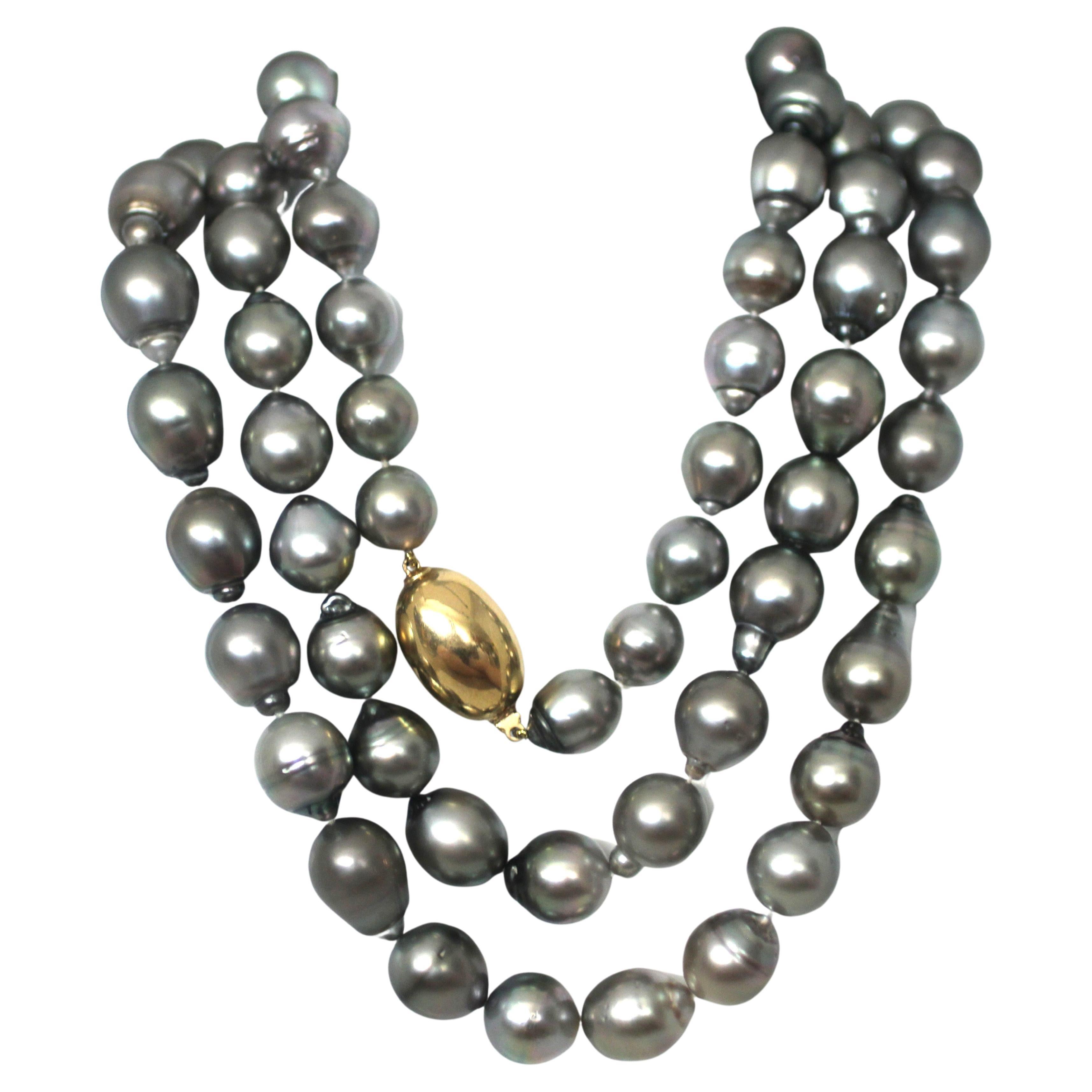 Hakimoto 18K Natural Color 69 Tahitian 15x12 mm Baroque 39" Pearl Necklace For Sale