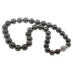 Hakimoto 18K White Gold 13x10 mm Tahitian Pearl Necklace Full Diamonds Clasp