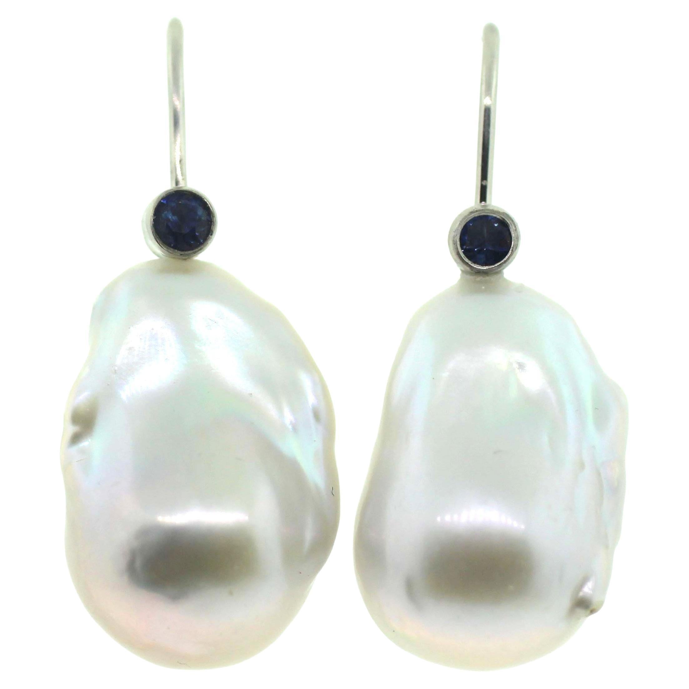 Hakimoto 18k White Gold 22x15 mm White Baroque Pearl Earrings with Blue Sapphire For Sale