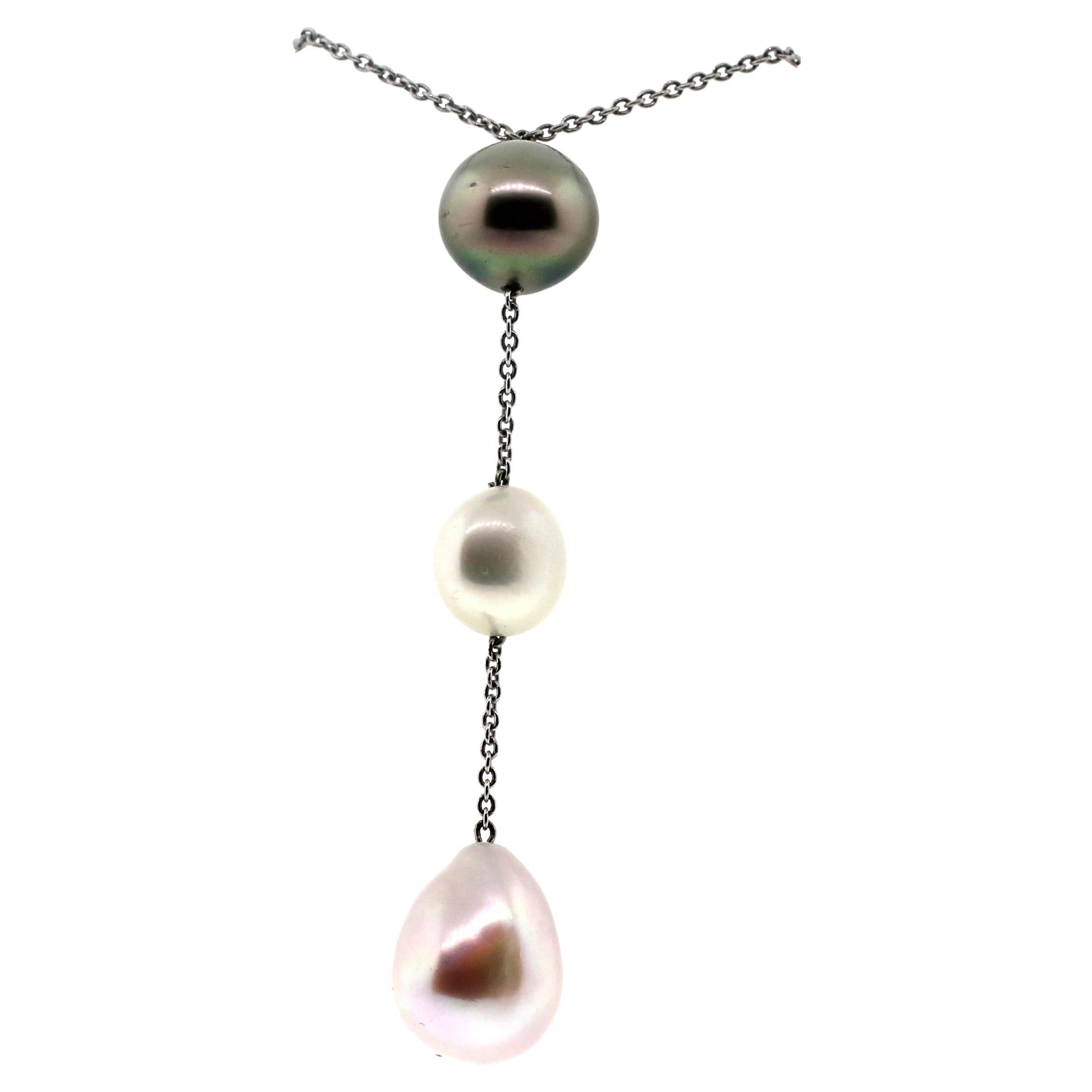 Bead Hakimoto 18K White Gold Chain With Tahiti and 8 Baroque Pearl Necklace
