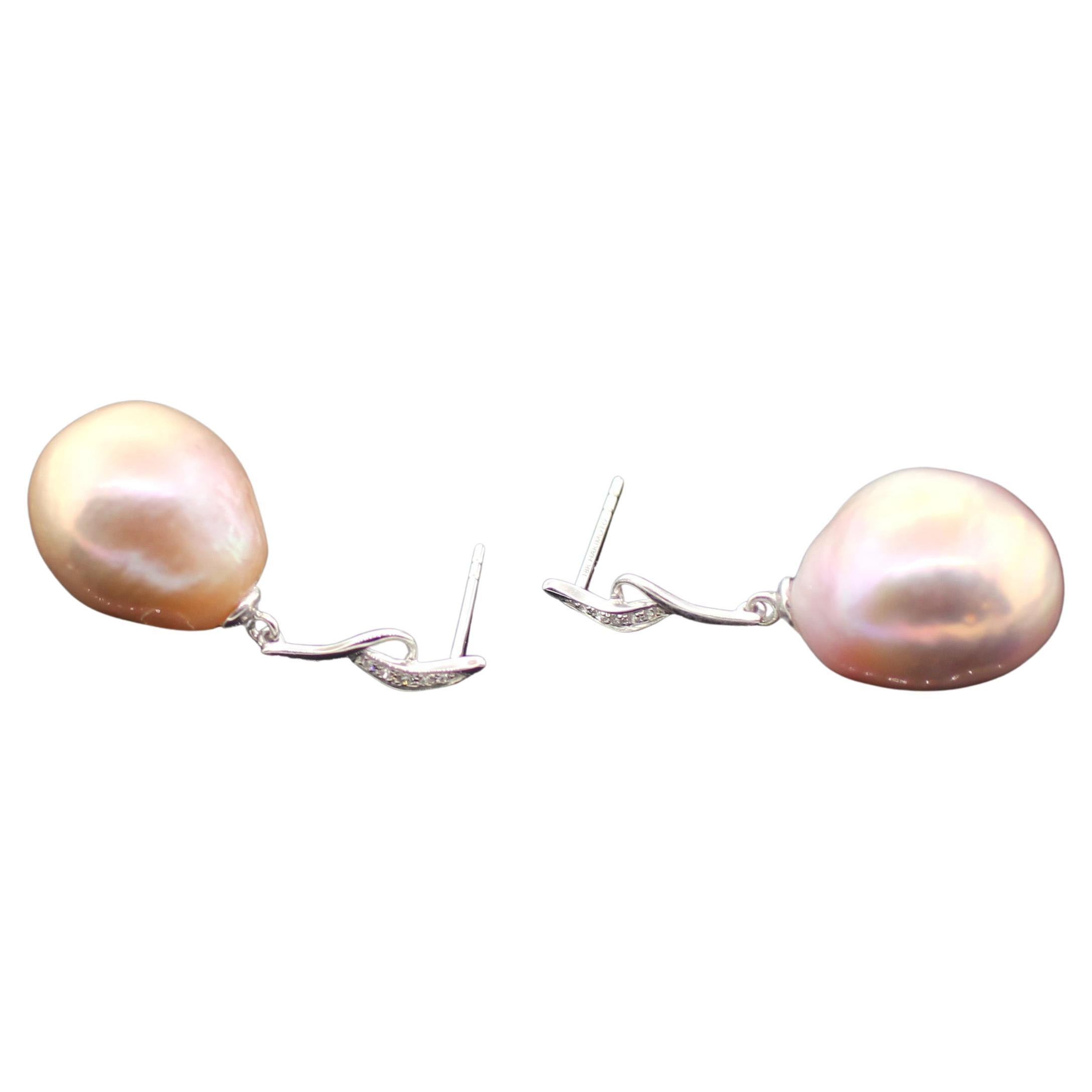 Modern Hakimoto 18k White Gold Diamond Baroque Pearl Earrings For Sale