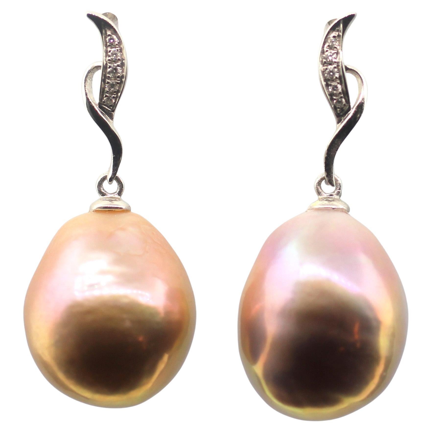 Bead Hakimoto 18k White Gold Diamond Baroque Pearl Earrings For Sale