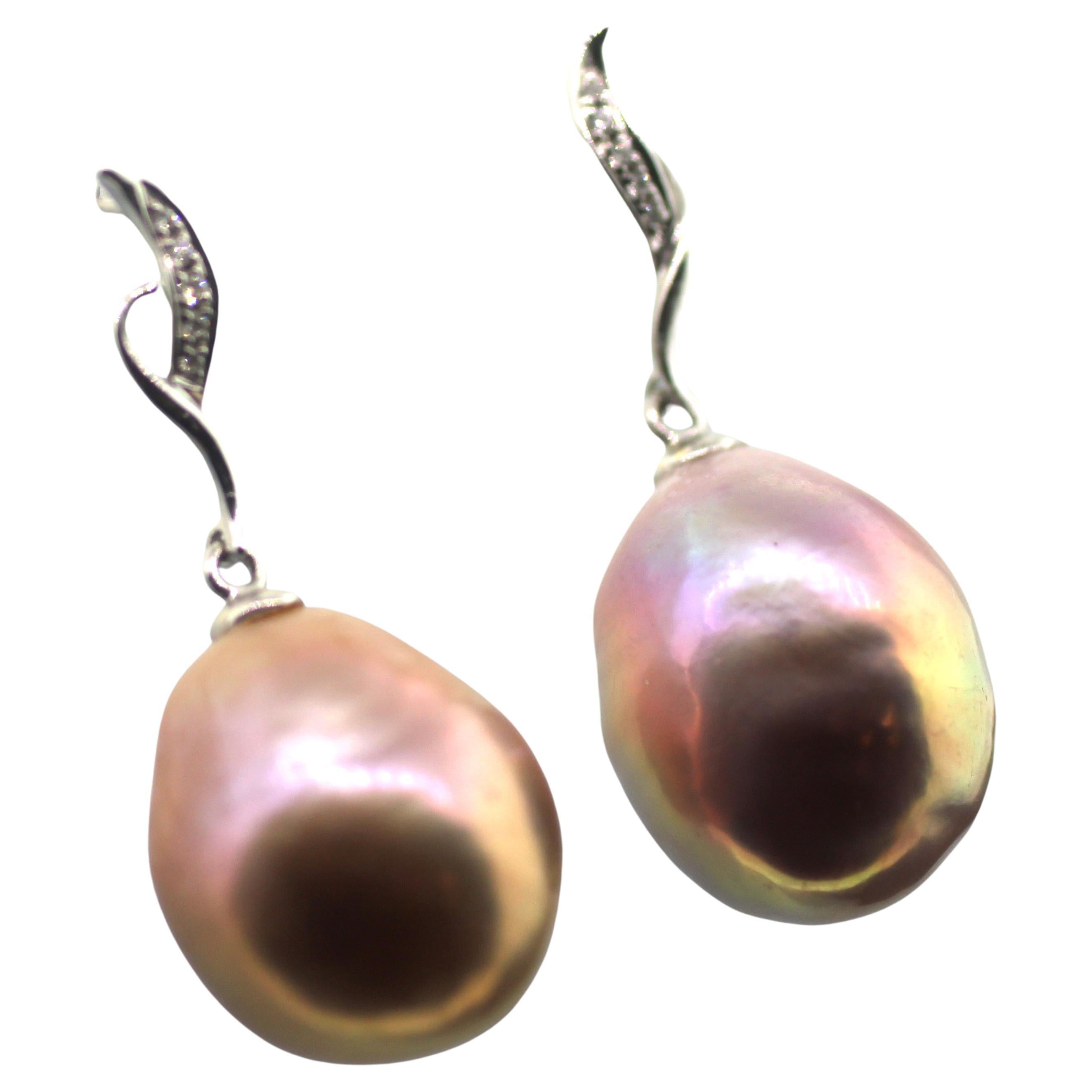 Women's Hakimoto 18k White Gold Diamond Baroque Pearl Earrings For Sale