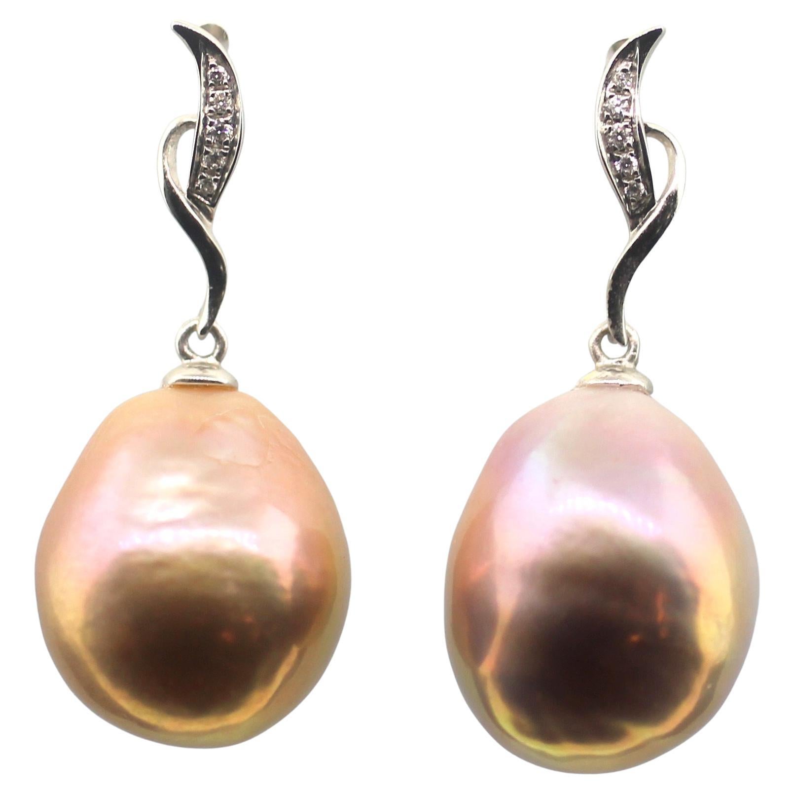 Hakimoto 18k White Gold Diamond Baroque Pearl Earrings For Sale 1