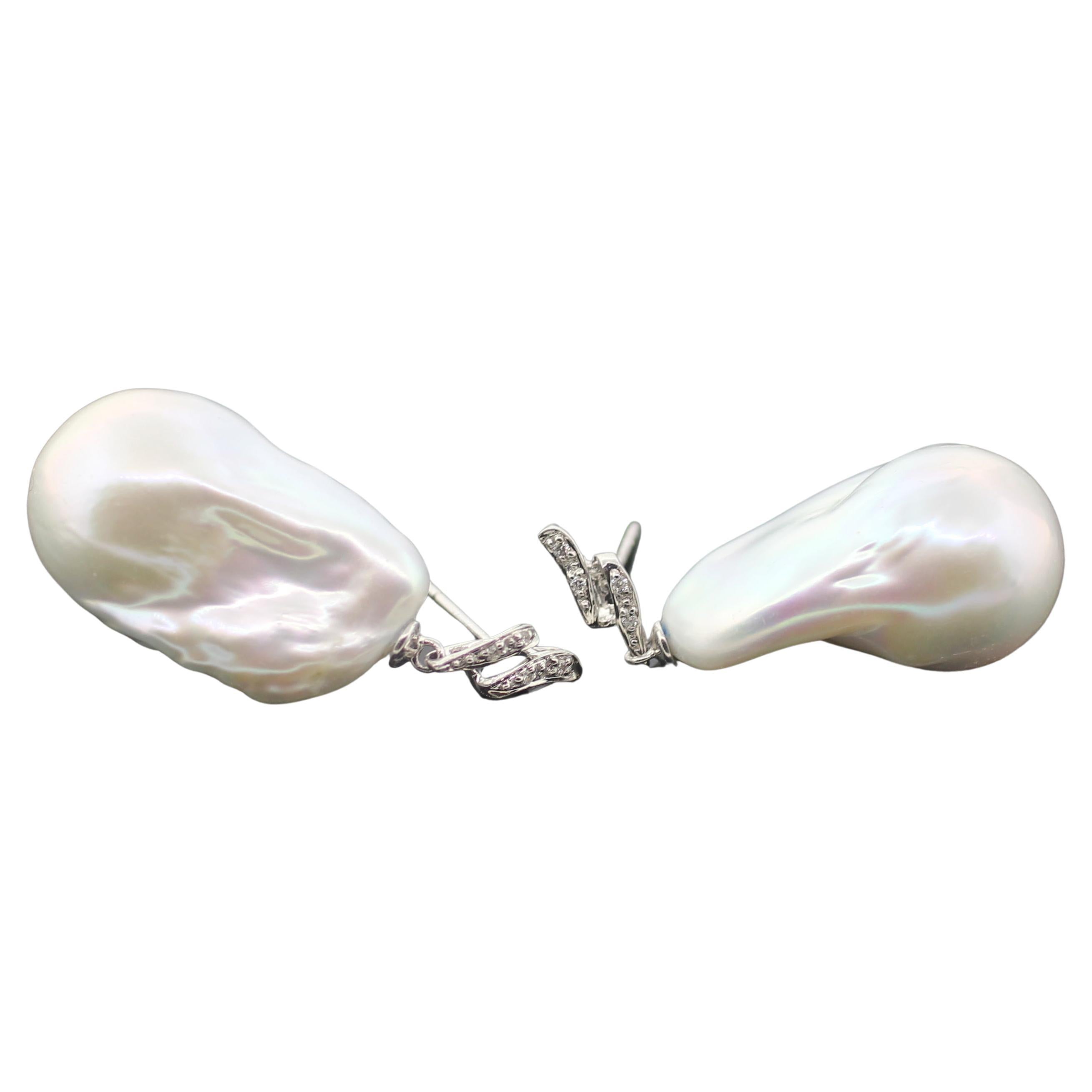 Hakimoto 18k White Gold Diamond Baroque Cultured Pearl Earrings 2