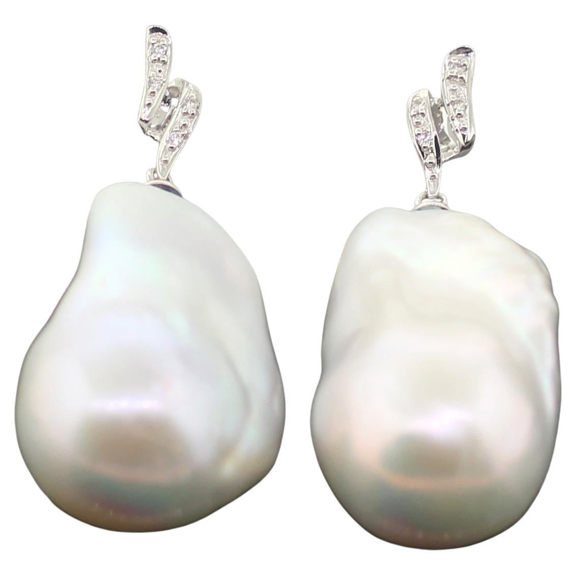Hakimoto 18k White Gold Diamond Baroque Cultured Pearl Earrings
