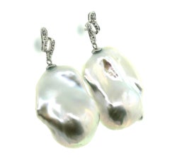 Hakimoto 18k White Gold Diamond 25x19 Mm Baroque Cultured Pearl Earrings