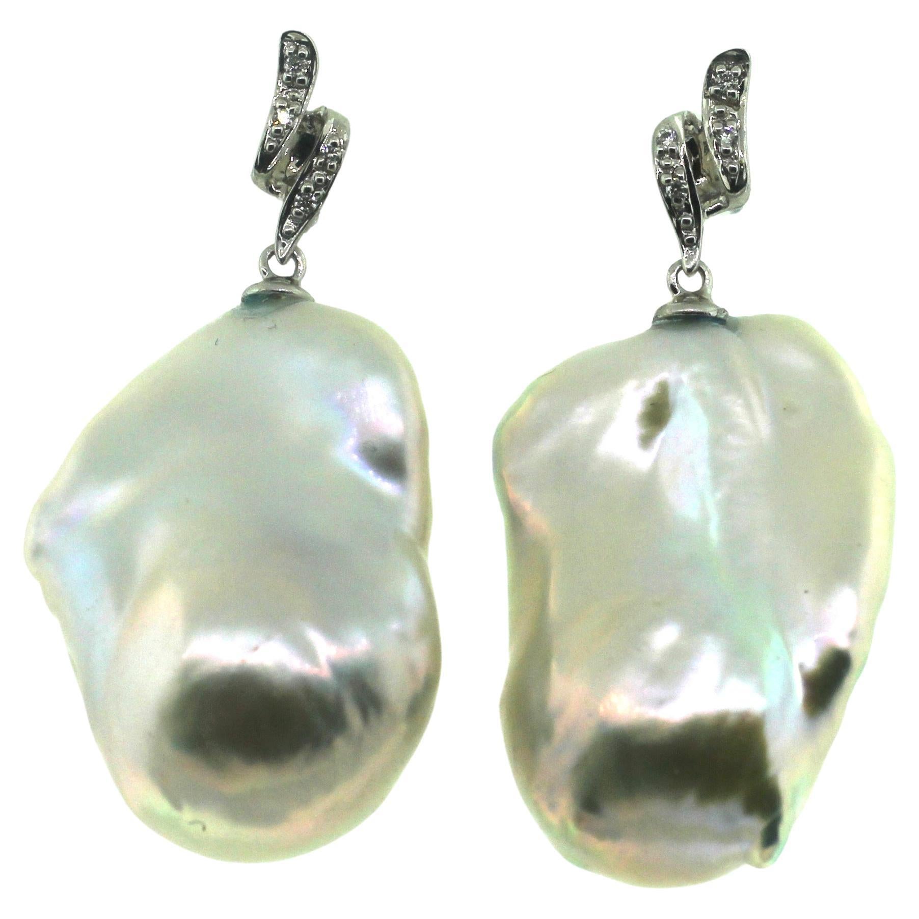 Hakimoto 18k White Gold Diamond Baroque Pearl Earrings For Sale at 1stDibs