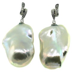 Hakimoto 18k White Gold Diamond 25x19 Mm Baroque Cultured Pearl Earrings