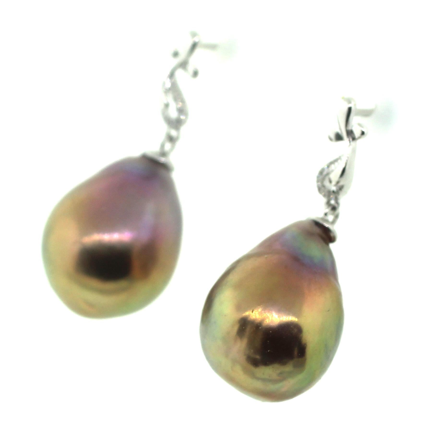 Bead Hakimoto 18k White Gold Diamond Baroque Pearl Earrings For Sale