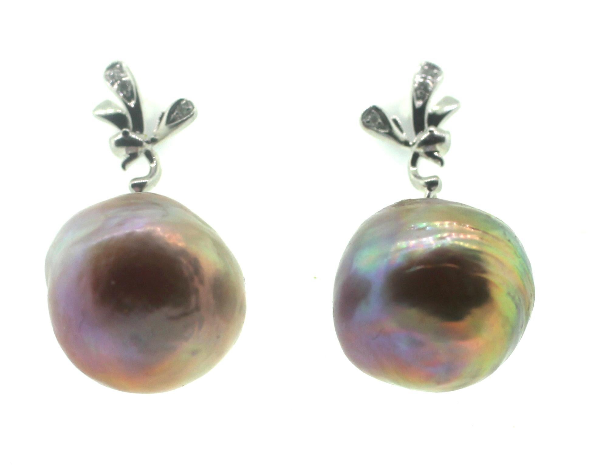 Bead Hakimoto 18k White Gold Diamond Baroque Pearl Earrings For Sale