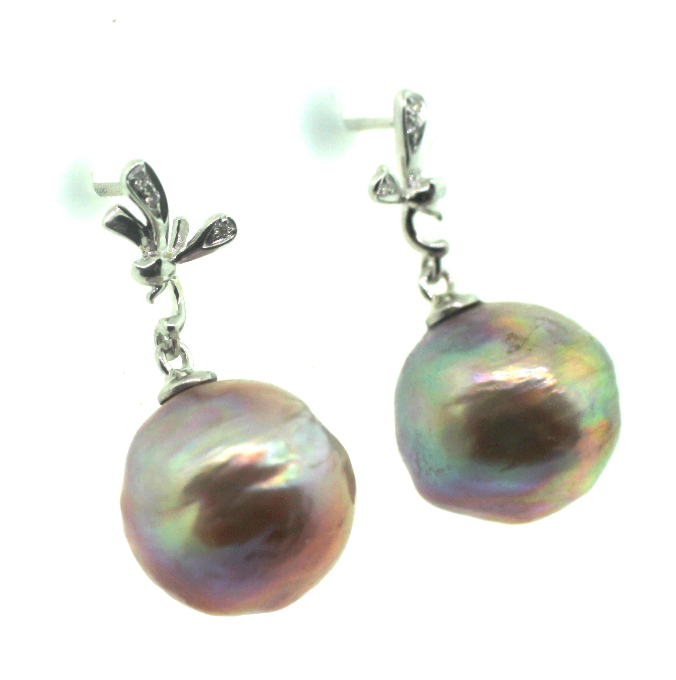 Hakimoto 18k White Gold Diamond Baroque Pearl Earrings For Sale 2