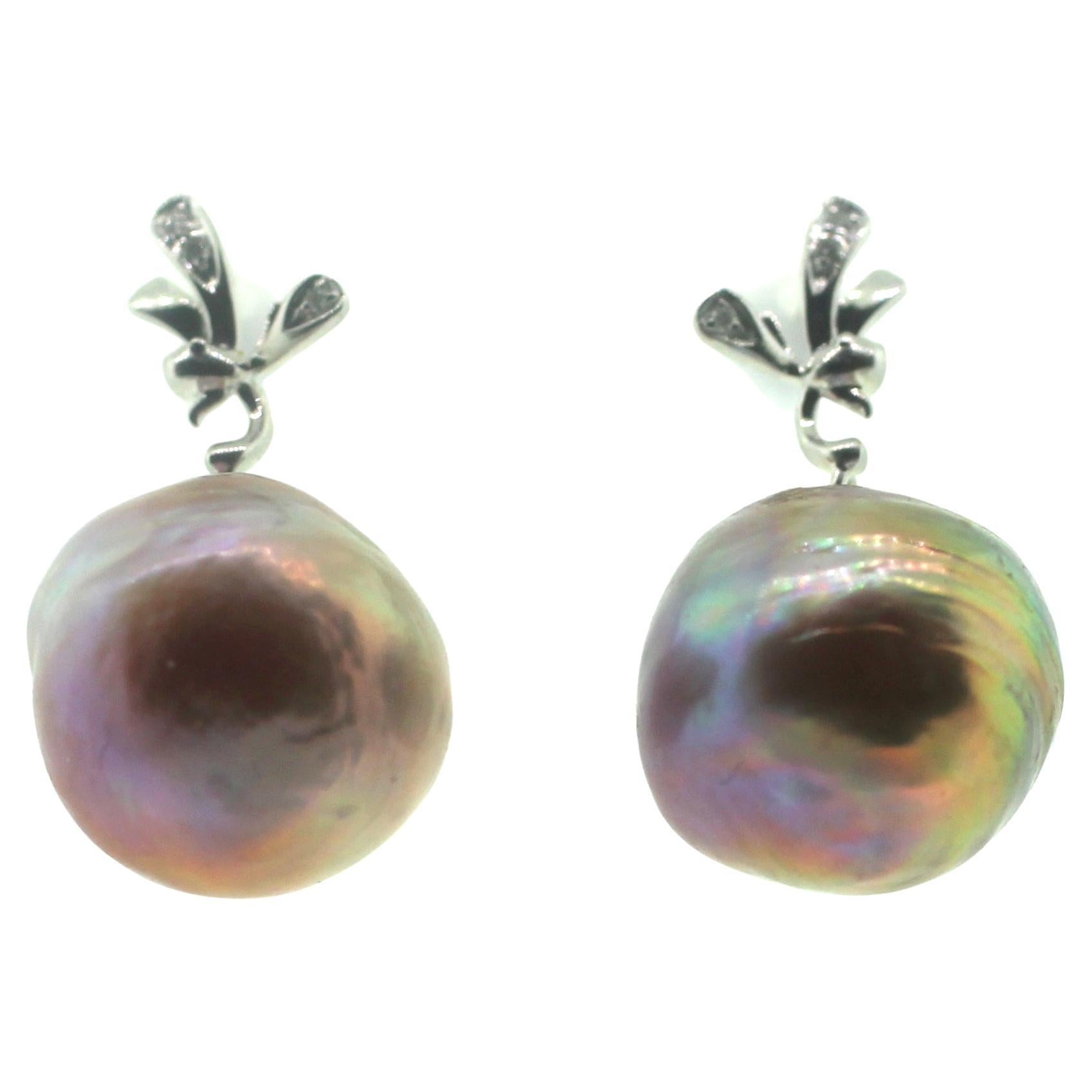 Hakimoto 18k White Gold Diamond Baroque Pearl Earrings For Sale