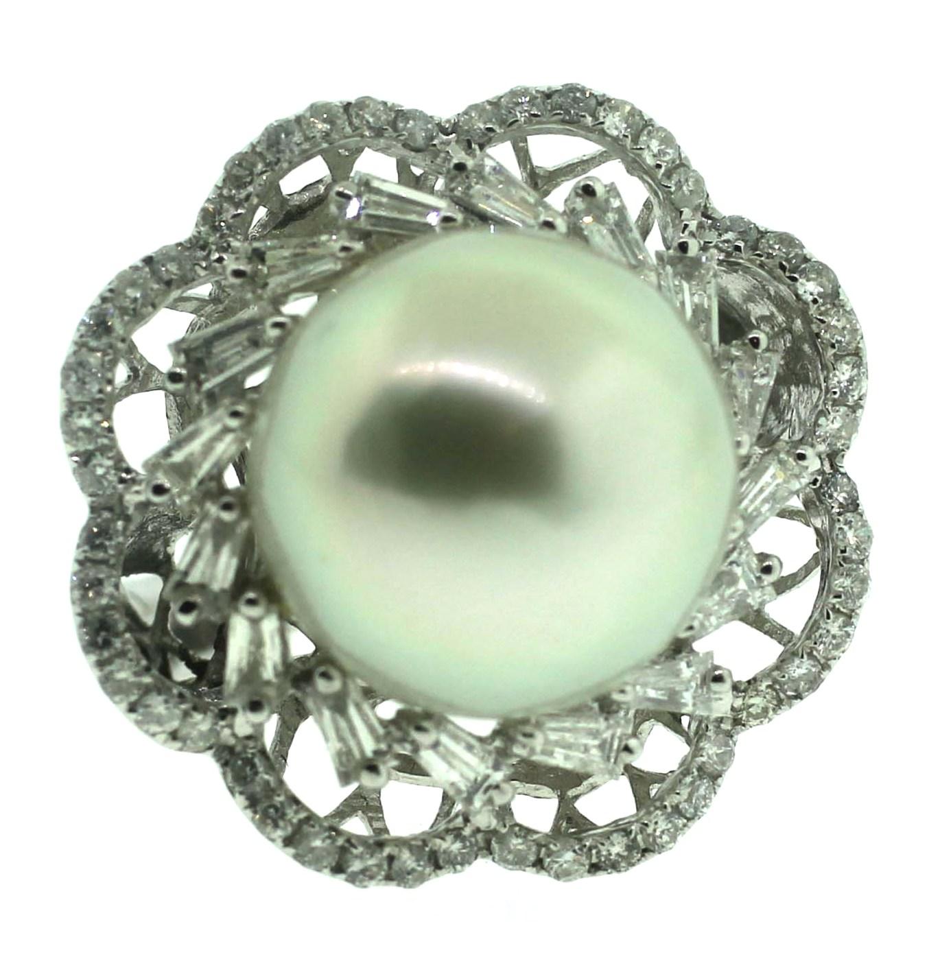 Art Deco Hakimoto 18K White Gold & Diamonds 14.5 mm South Sea Pearl Cocktail Ring For Sale
