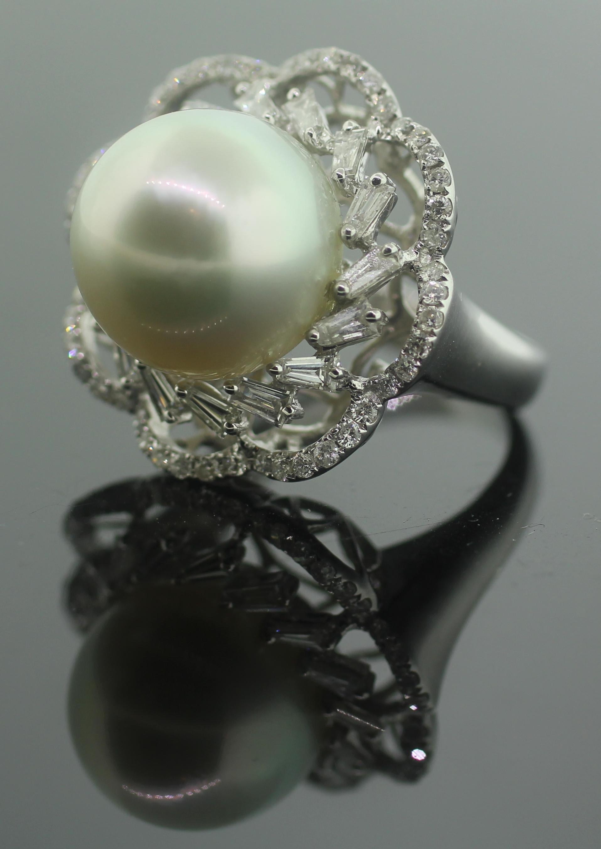 Women's Hakimoto 18K White Gold & Diamonds 14.5 mm South Sea Pearl Cocktail Ring For Sale