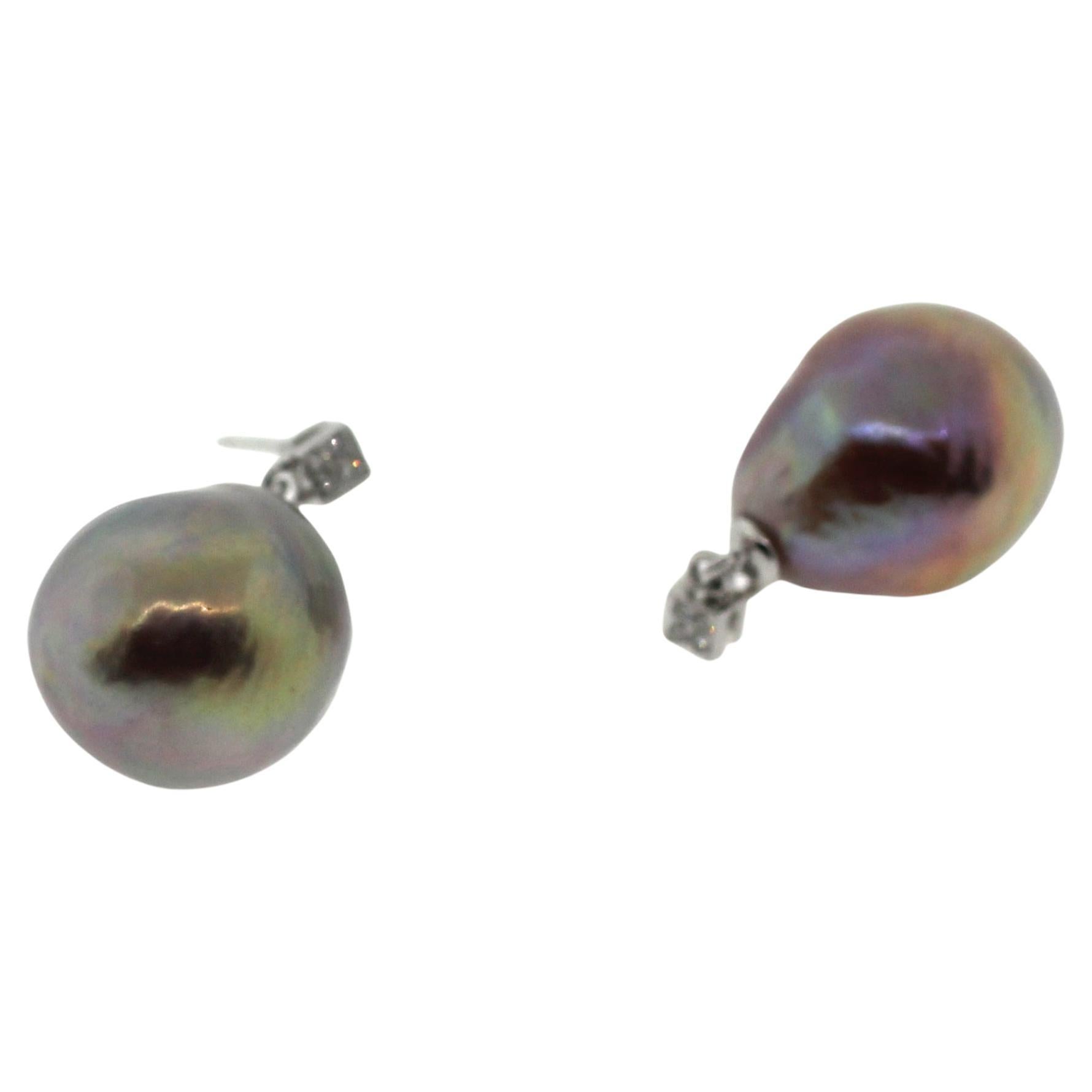 Hakimoto By Jewel Of Ocean
18K Yellow Gold and Diamond 
Fancy Natural Color Metallic Baroque Pearl Earrings.
Hight 0.95 inch
Total item weight 8.6 grams
Featuring 0.038 Carats of Round Brilliant Diamonds
16-13mm Fancy Metallic color Baroque Cultured