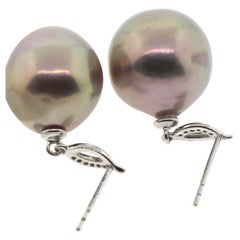 Hakimoto 18K 14-13mm Natural Color Metallic Baroque Pearl Diamonds Earrings